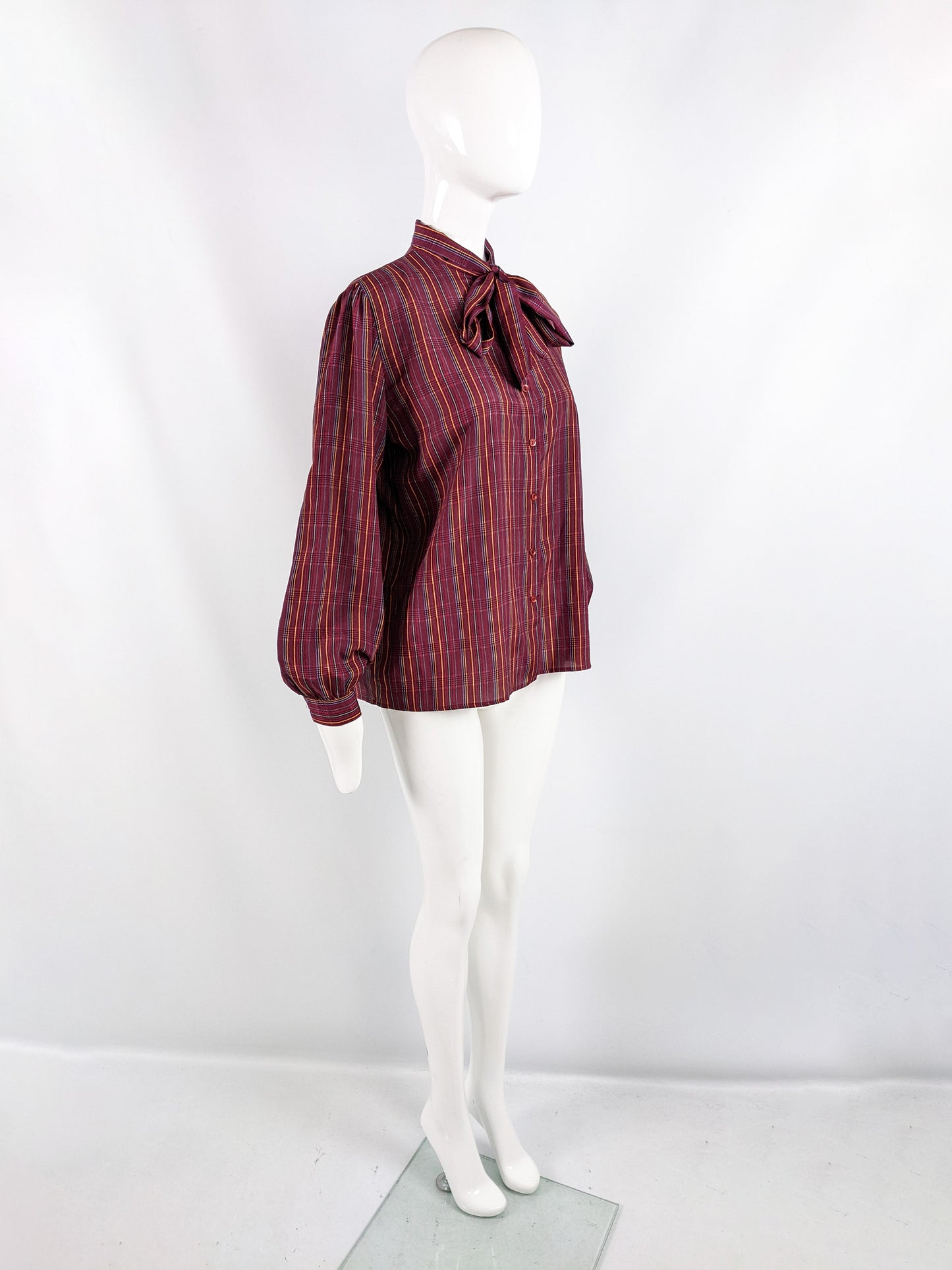 Aquascutum Vintage Dark Pink Checked Pussy Bow Blouse, 1980s