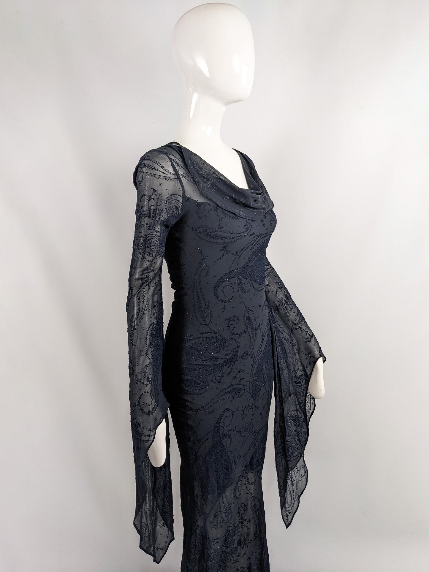 Ronit Zilkha Vintage Midnight Blue Silk Devore Witchy Dress, 2000s