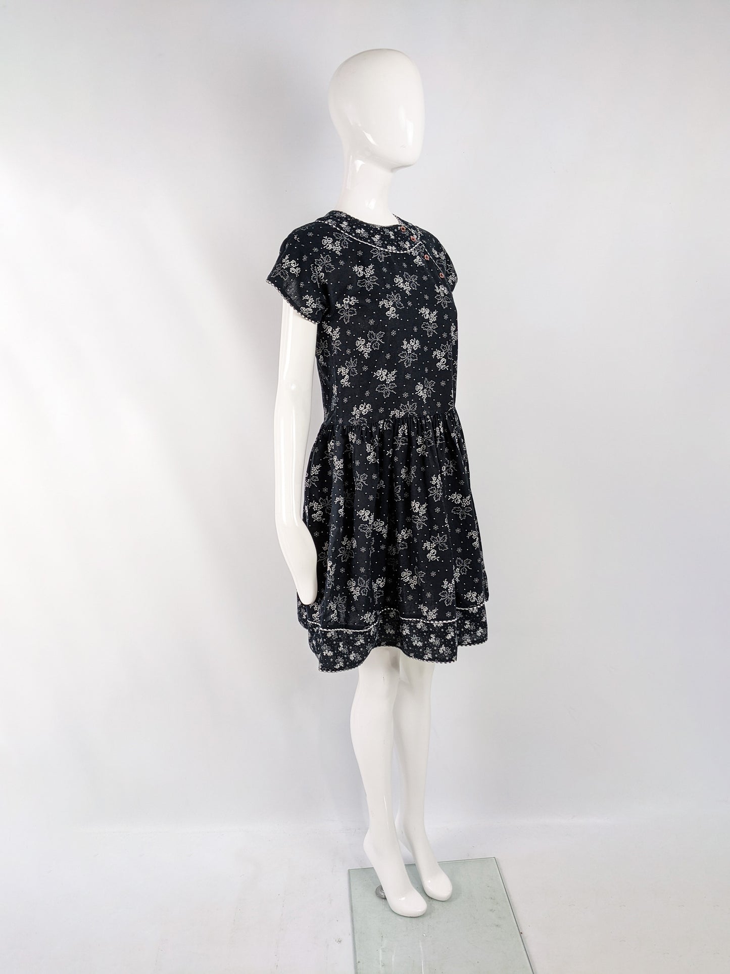 Kenzo Vintage Black & White Asian Floral Drop Waist Dress, 1980s