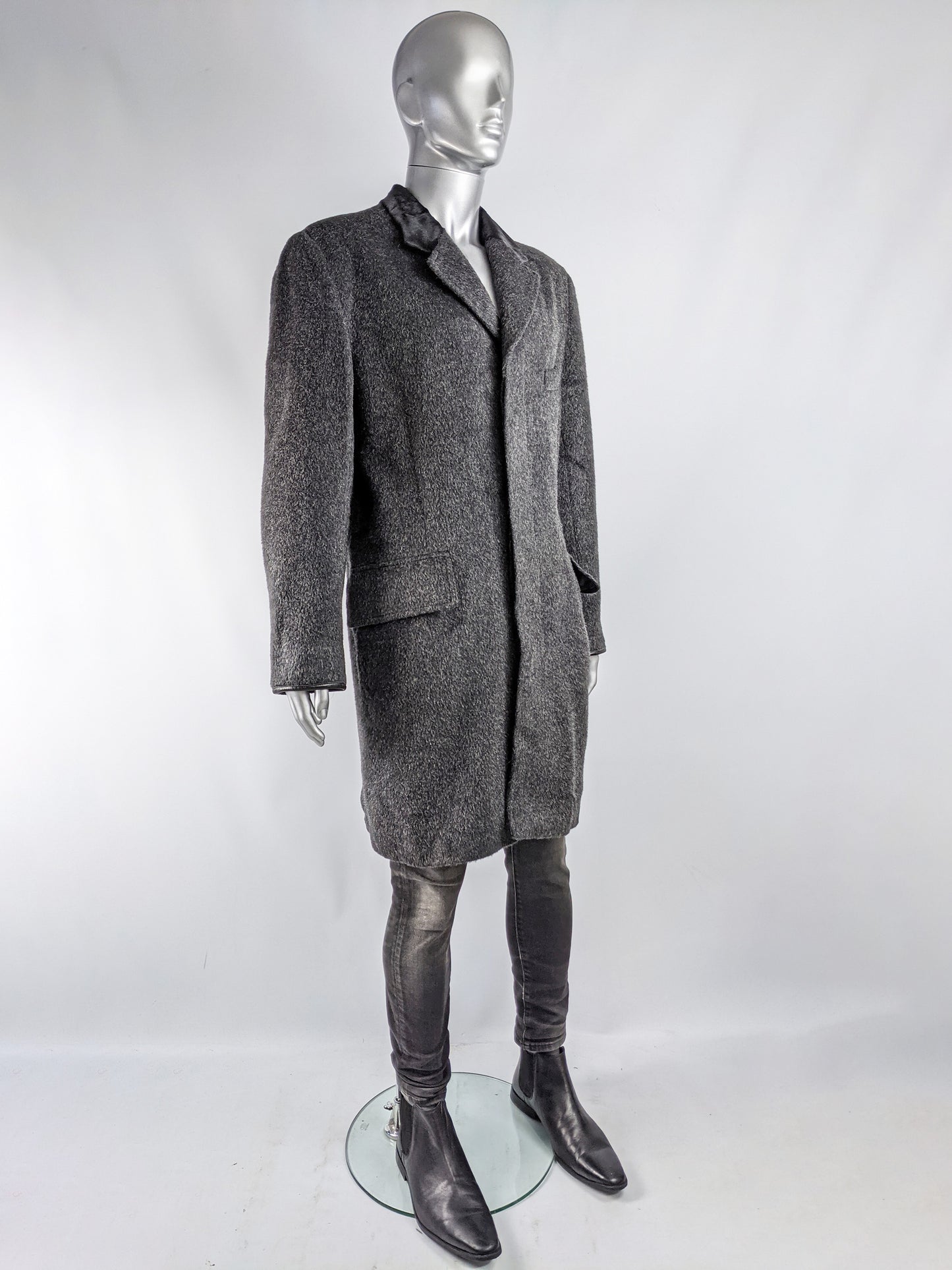 Mens Vintage Grey Wool & Ponyskin Chesterfield Coat, 1990s