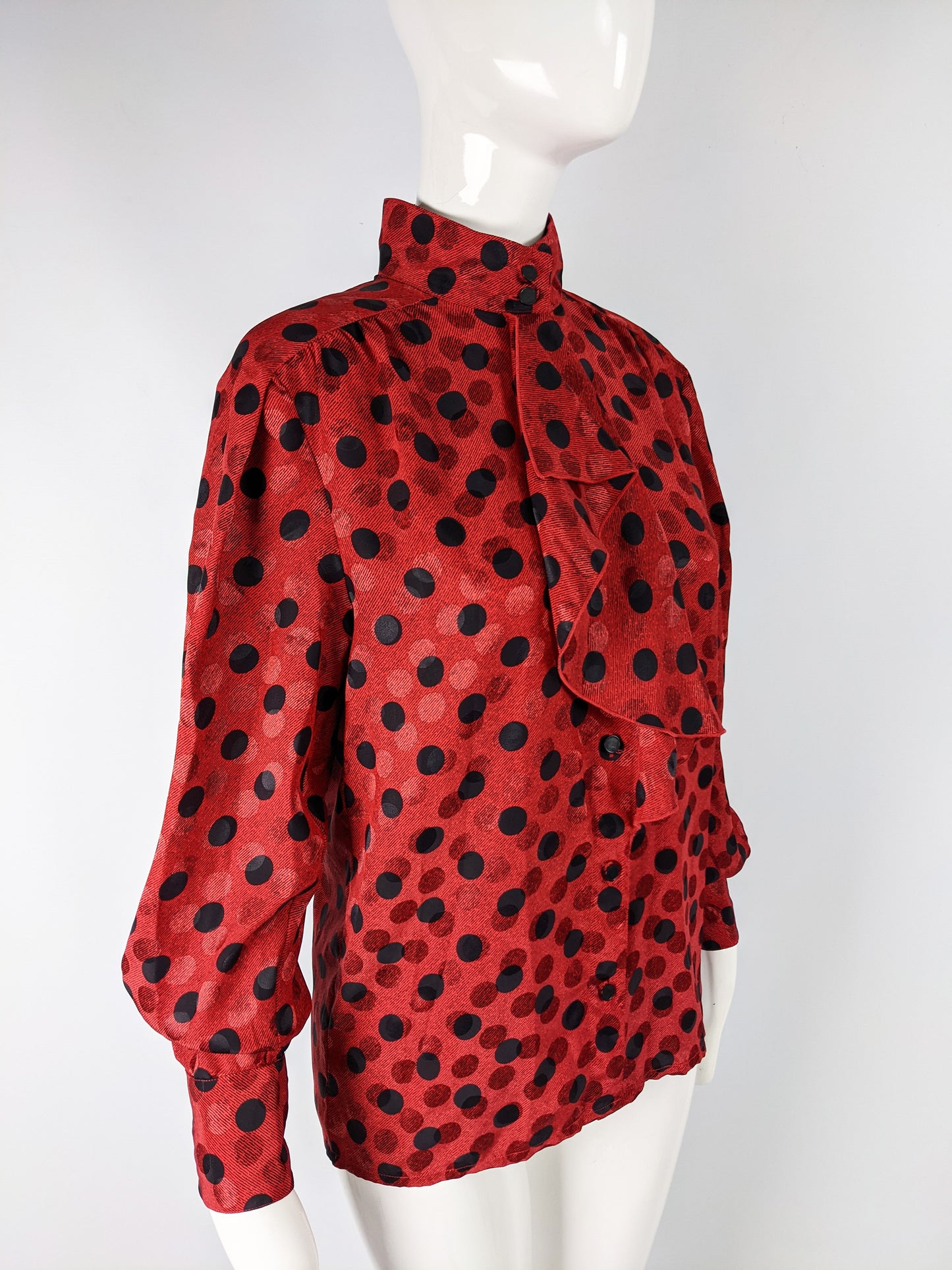 Vintage Red & Black Satin Jacquard Polka Dot Blouse, 1980s