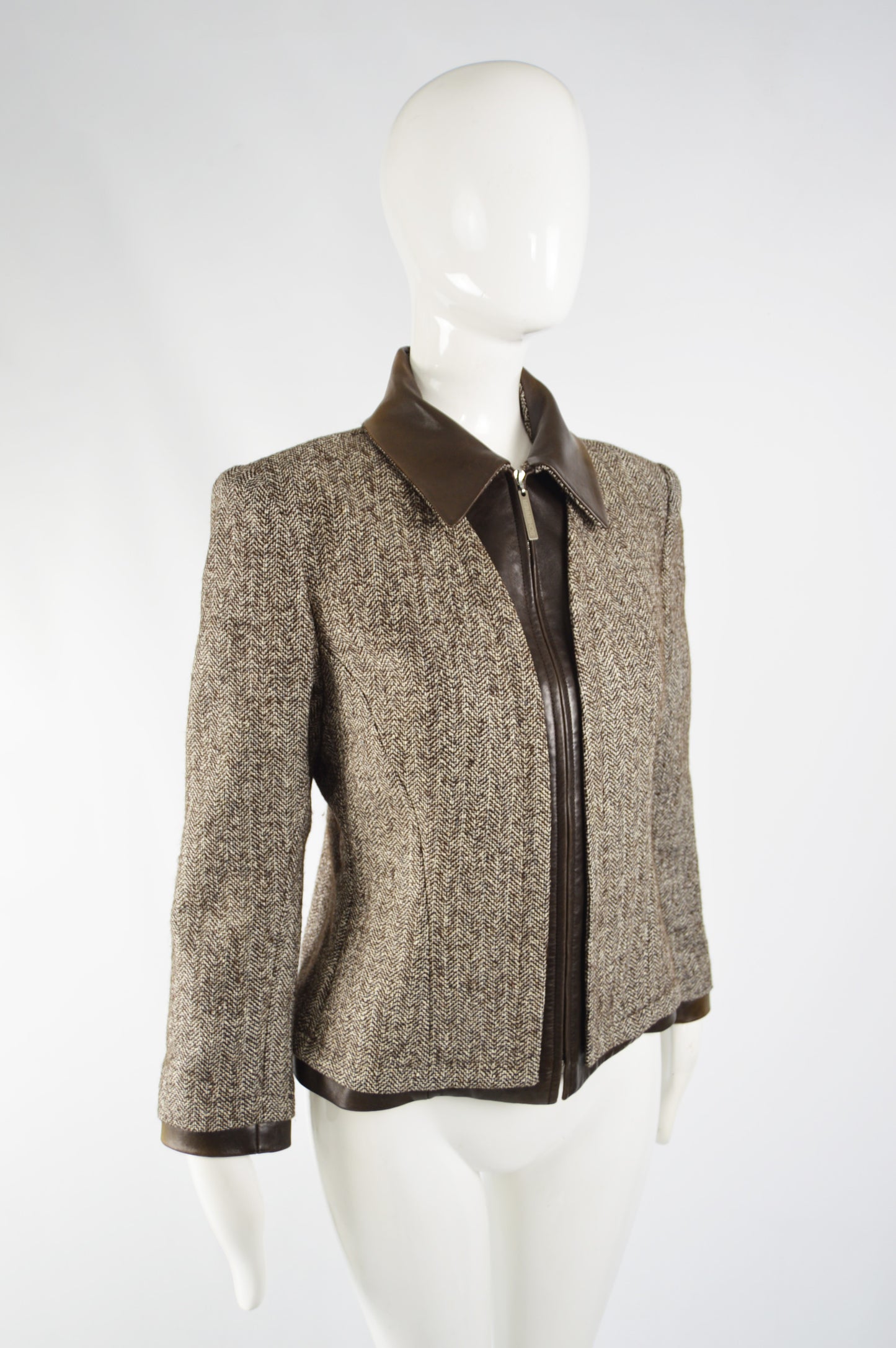 Womens Brown Leather & Silk Tweed Jacket, 1990s