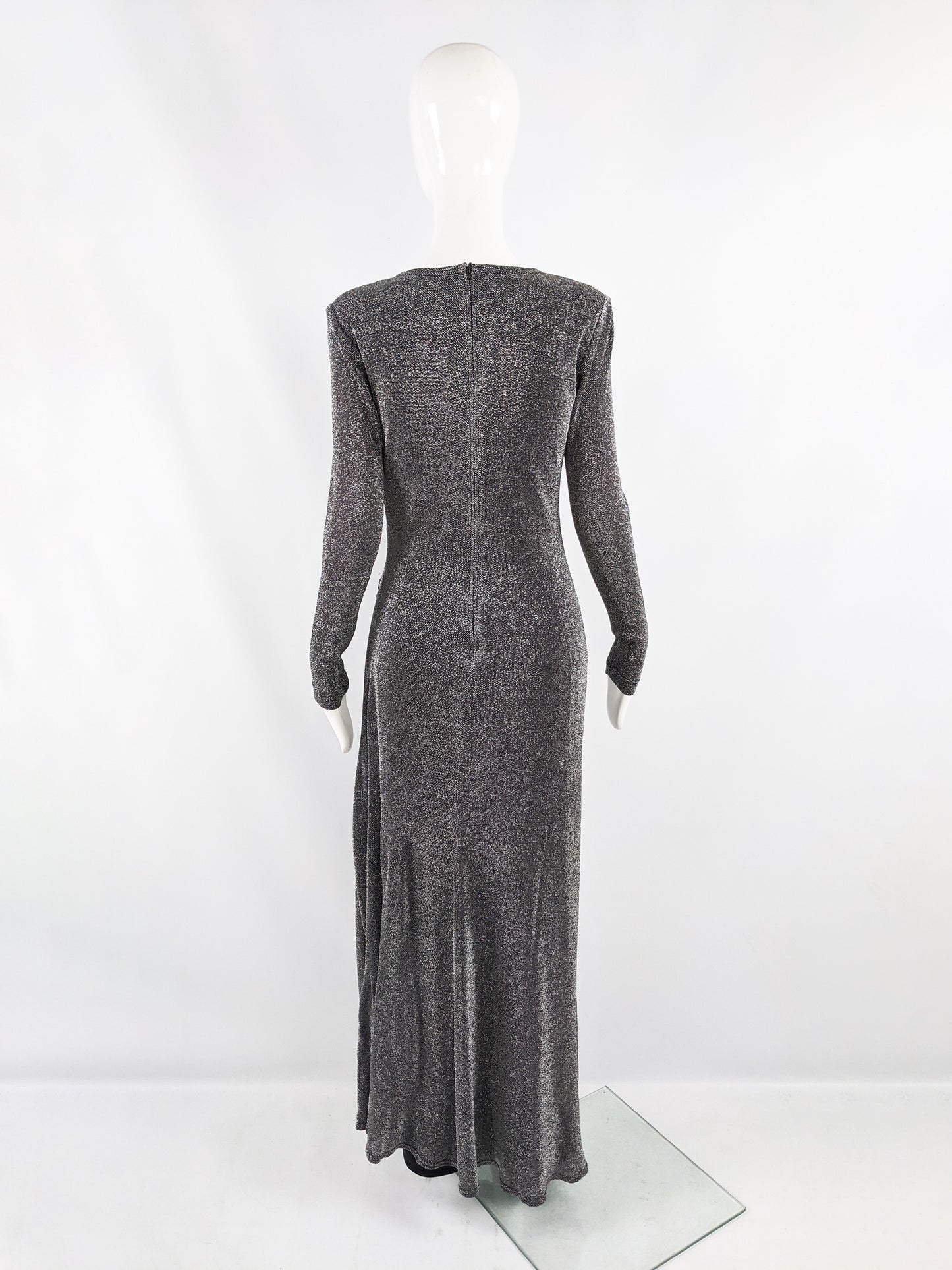 Vintage Silver Lurex Plunging Neckline Evening Gown, 1990s