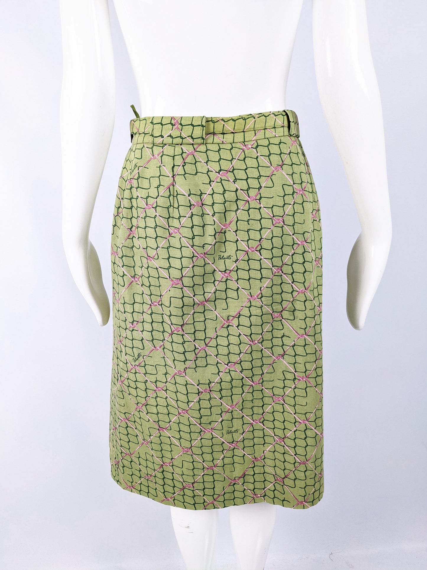 Ken Scott Fabric Vintage Green Cotton Wire Fence Print Skirt, 1970s