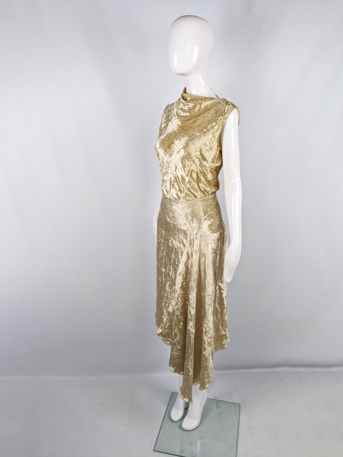 Vintage Gold Velvet Two Piece Asymmetric Top & Skirt Set, 1990s
