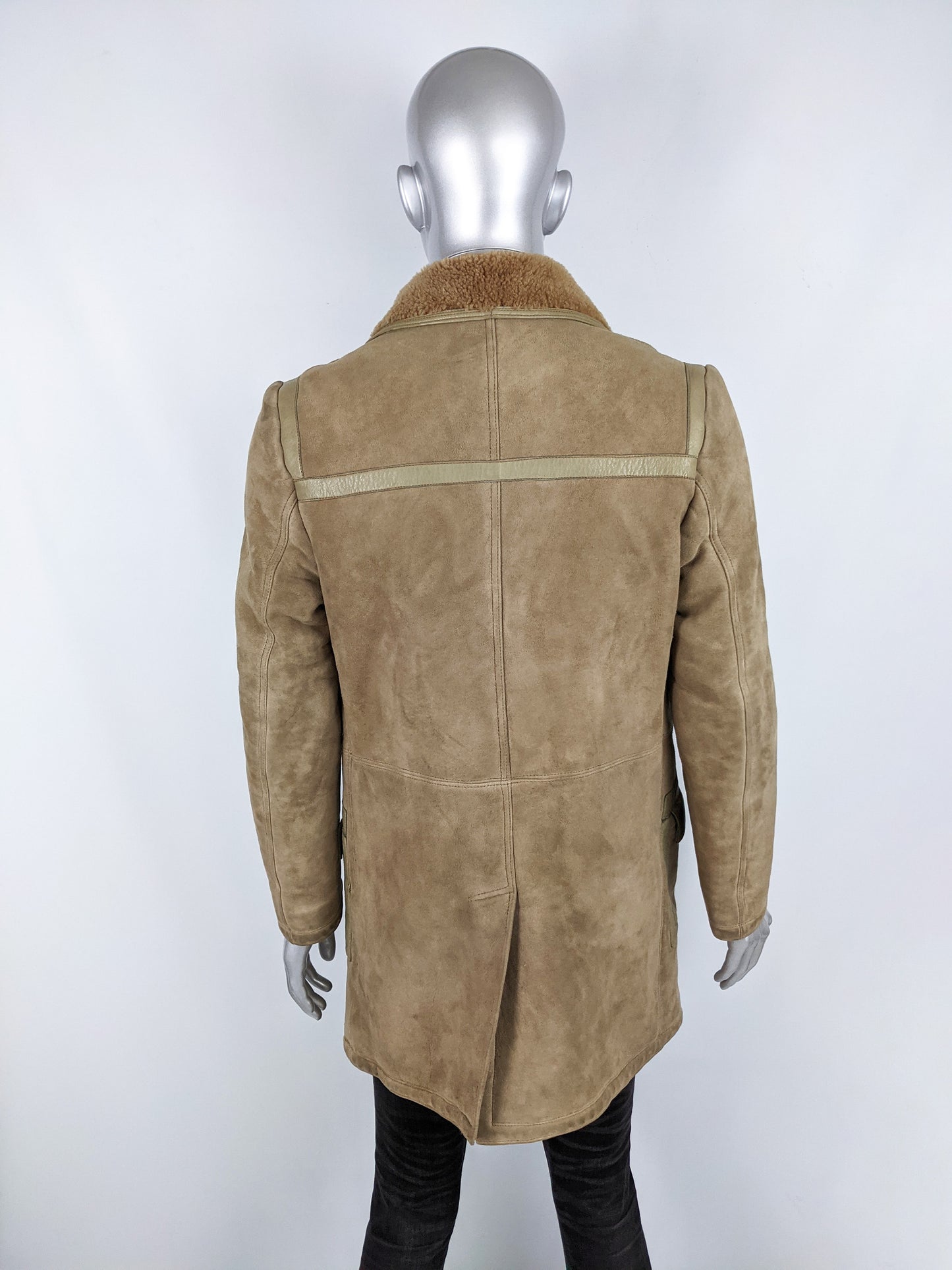 Mens Vintage Leather Trim Sheepskin & Shearling Coat, 1970s