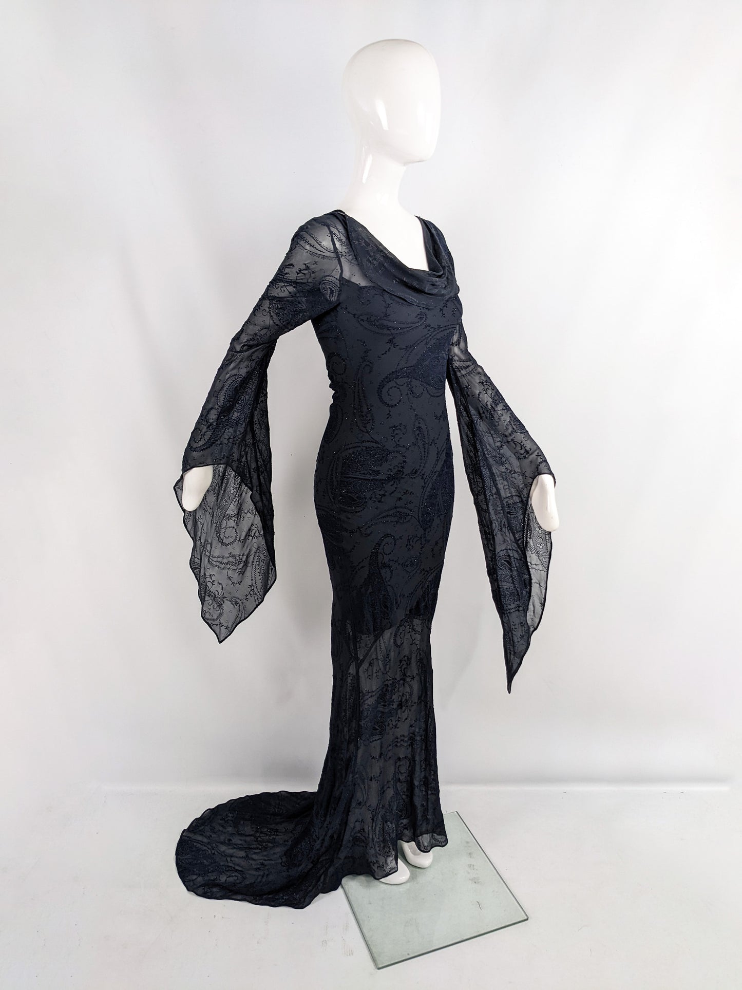 Ronit Zilkha Vintage Midnight Blue Silk Devore Witchy Dress, 2000s