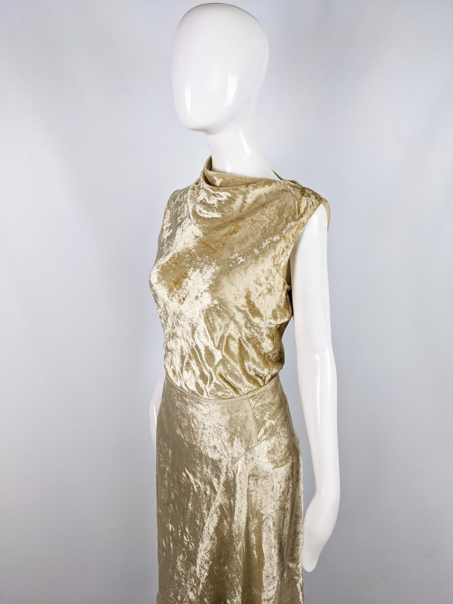 Vintage Gold Velvet Two Piece Asymmetric Top & Skirt Set, 1990s