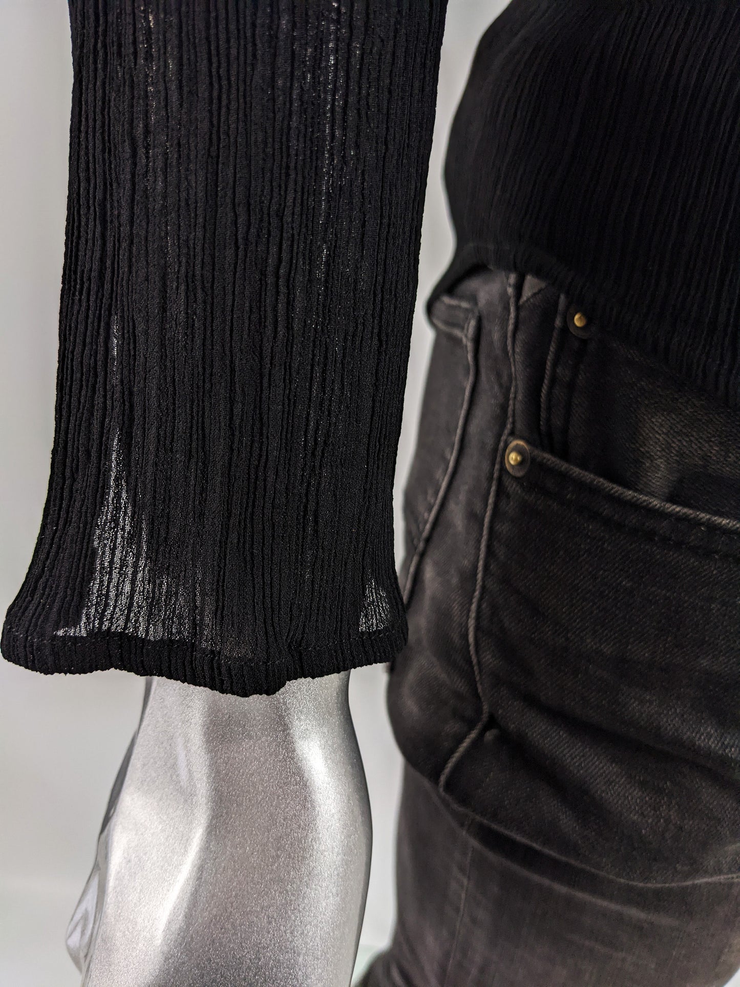 Mens Vintage Black Plissé Long Sleeve Shirt, 1990s