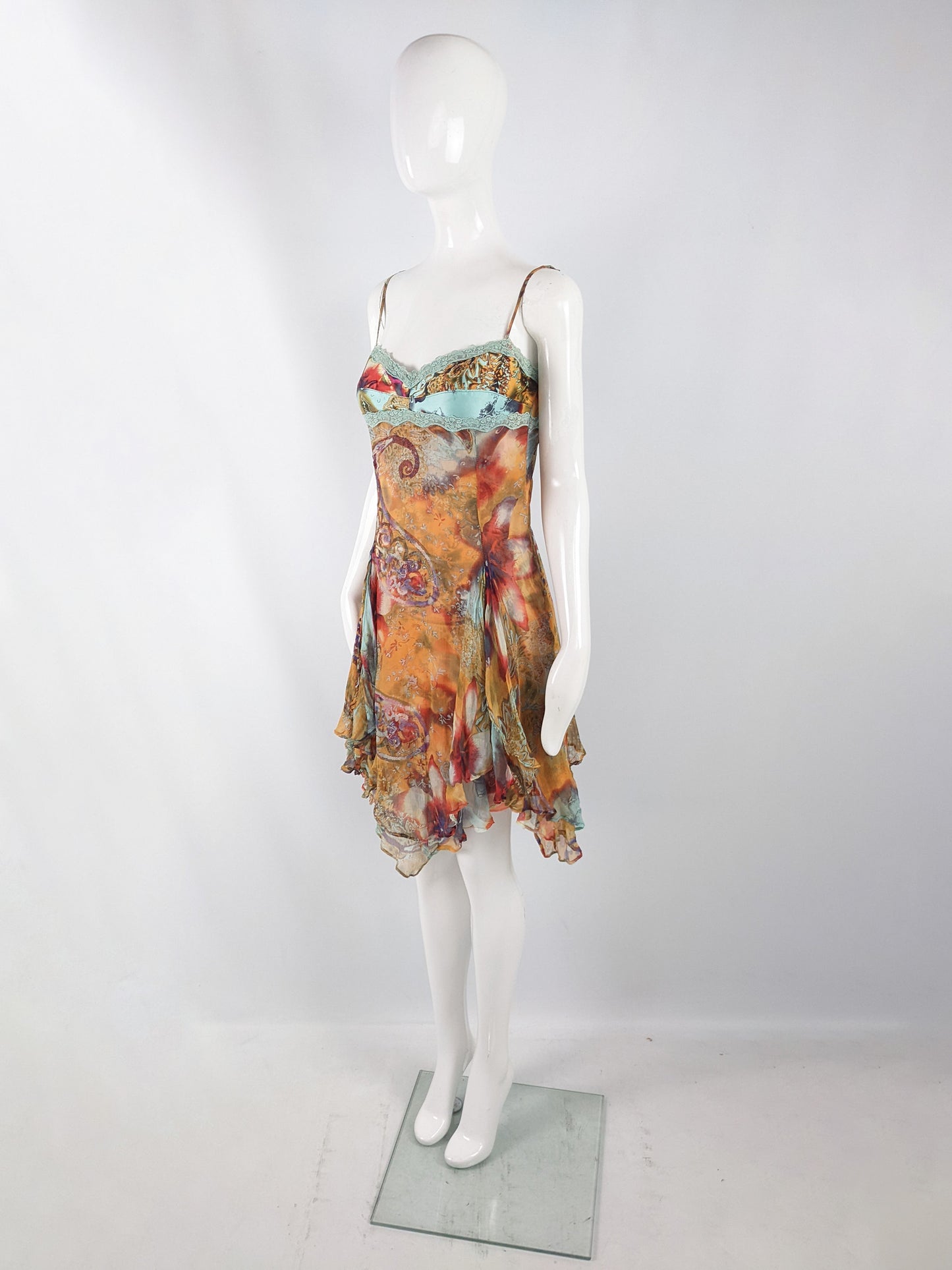 Orna Farho Paris Vintage y2k Silk Chiffon & Lace Dress, 2000s
