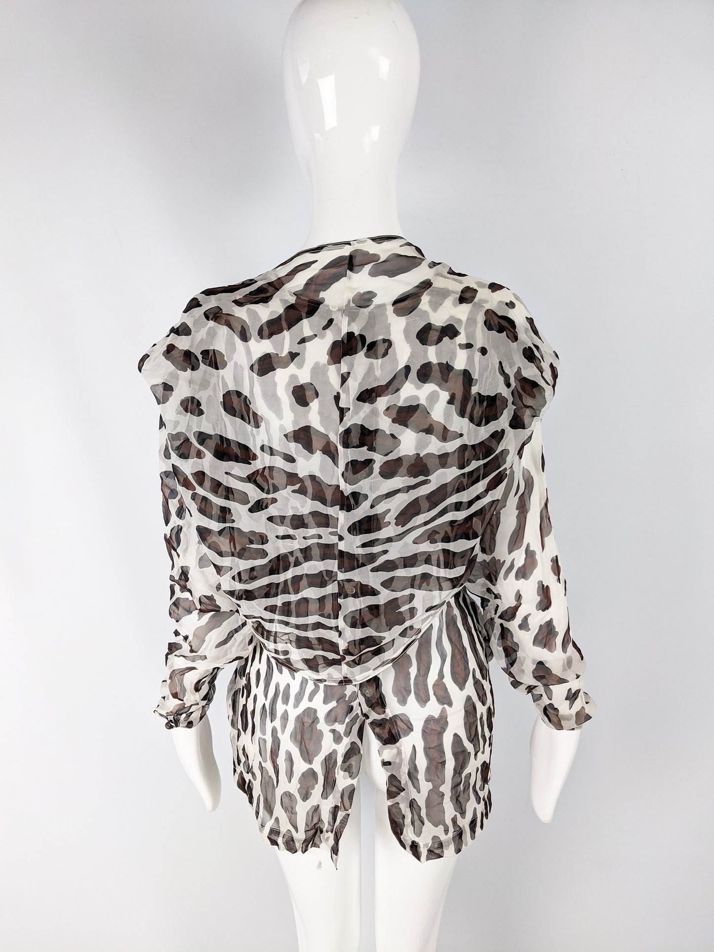 Womens Vintage Draped Silk Chiffon Animal Print Blouse, 1980s