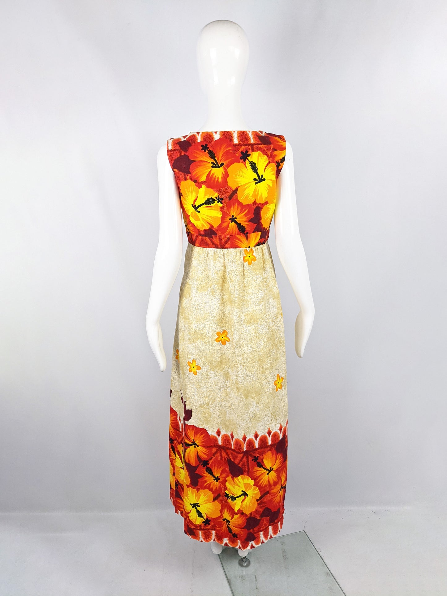 Island Casuals Vintage Sleeveless Orange Hawaiian Maxi Dress, 1960s