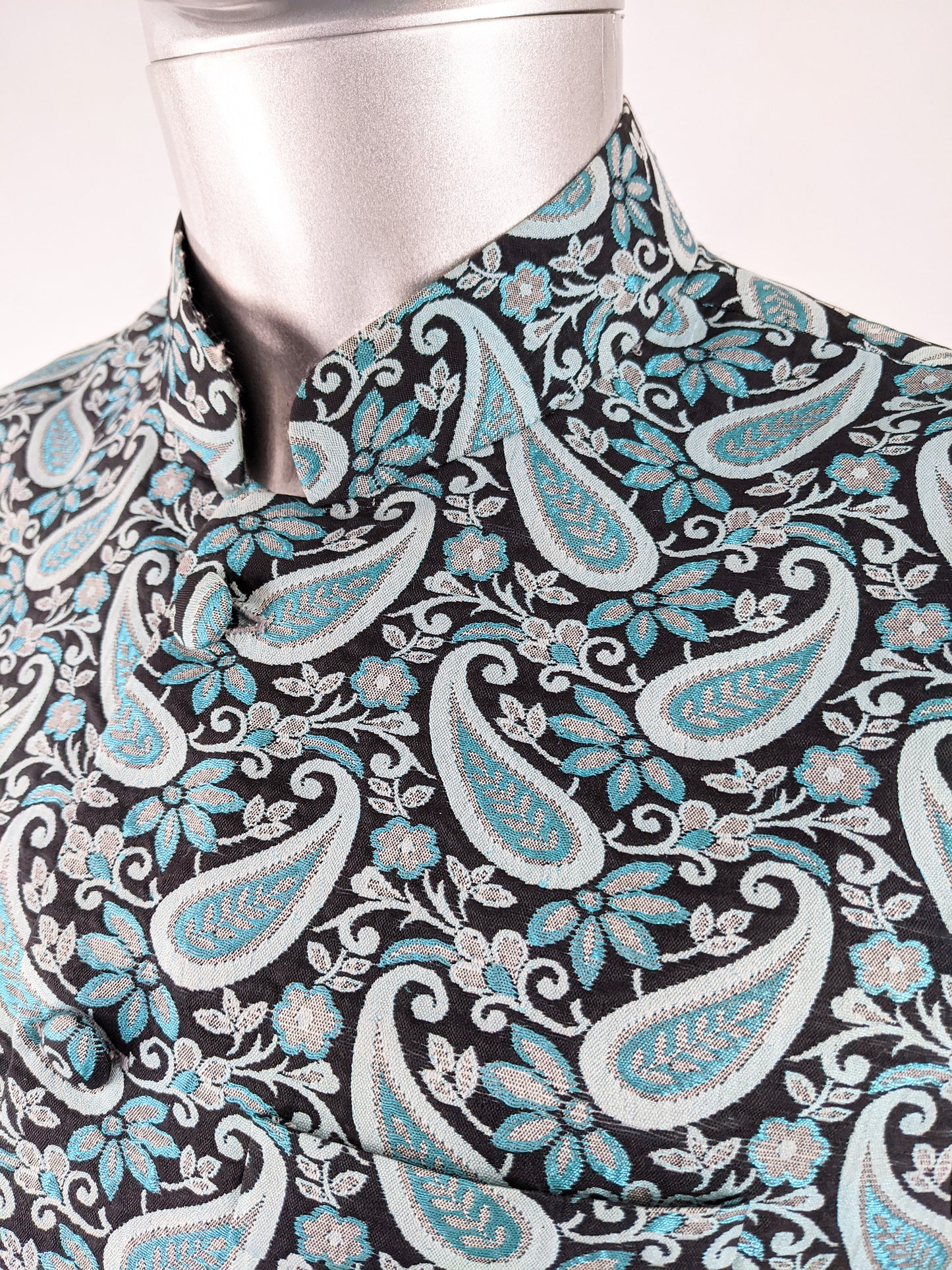 Vintage Mens Blue Paisley Brocade Nehru Waistcoat, 1970s