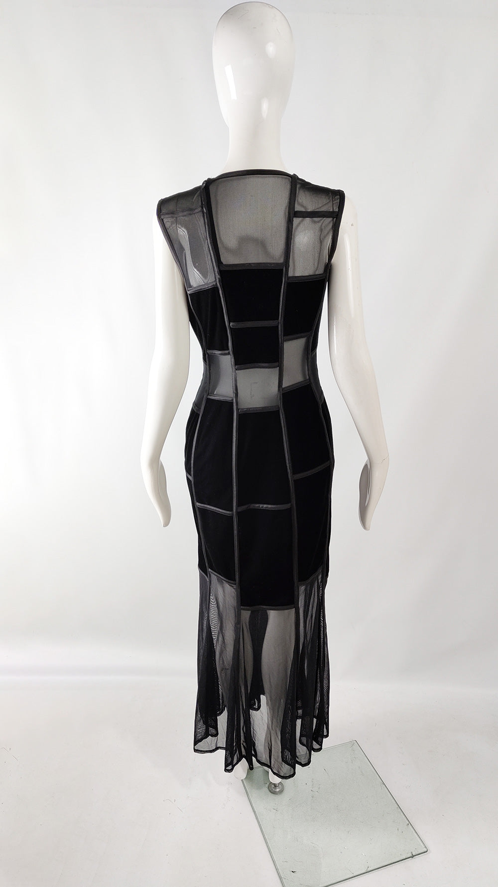 Tadashi Vintage Black Velvet & Sheer Mesh Evening Dress, 1990s