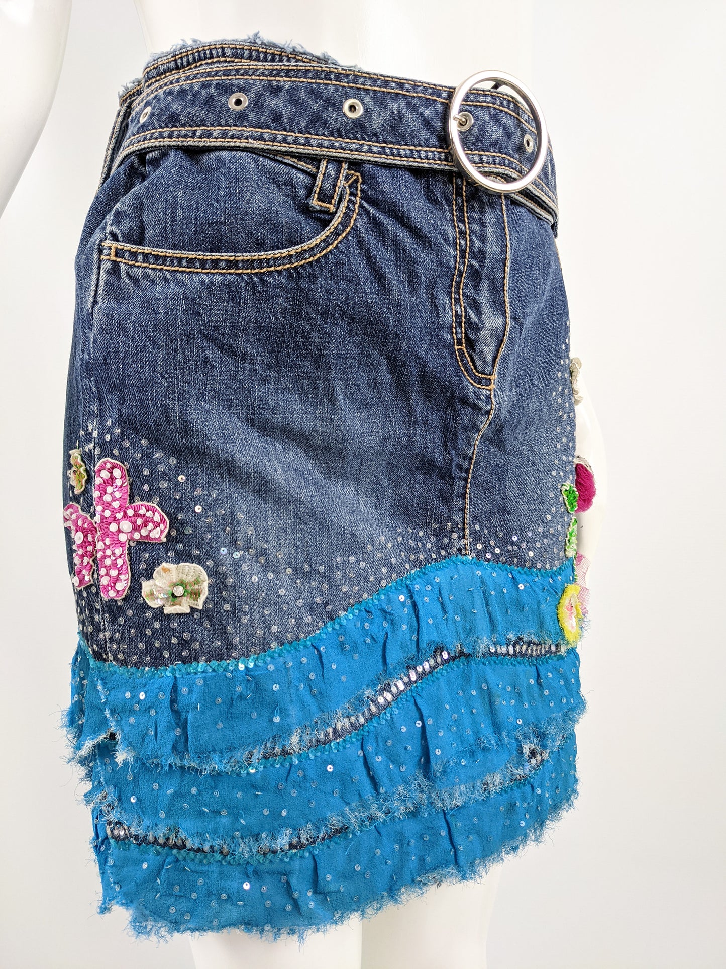 Vintage Floral Beaded y2k Denim & Chiffon Skirt, 2000s
