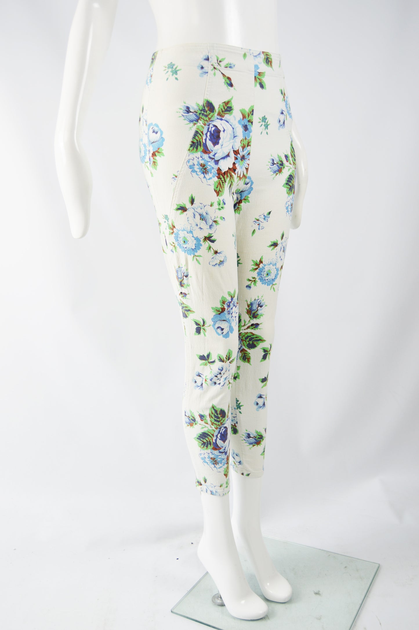 Vintage Womens White Floral Print Crop Skinny Jeans, 1990s