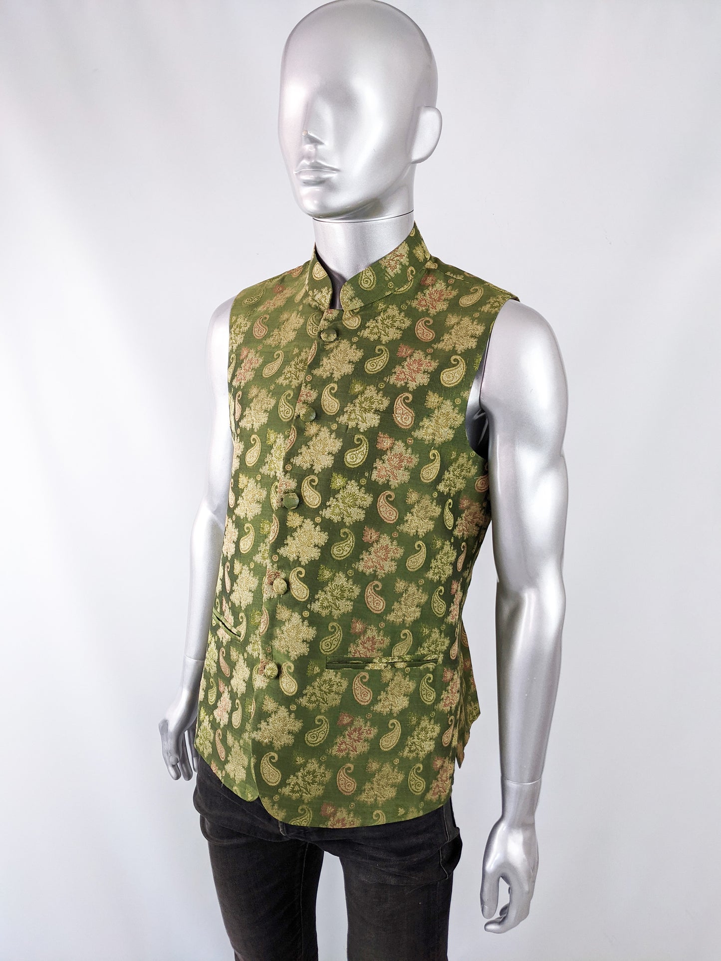 Vintage Mens Green Paisley Brocade Nehru Waistcoat, 1970s