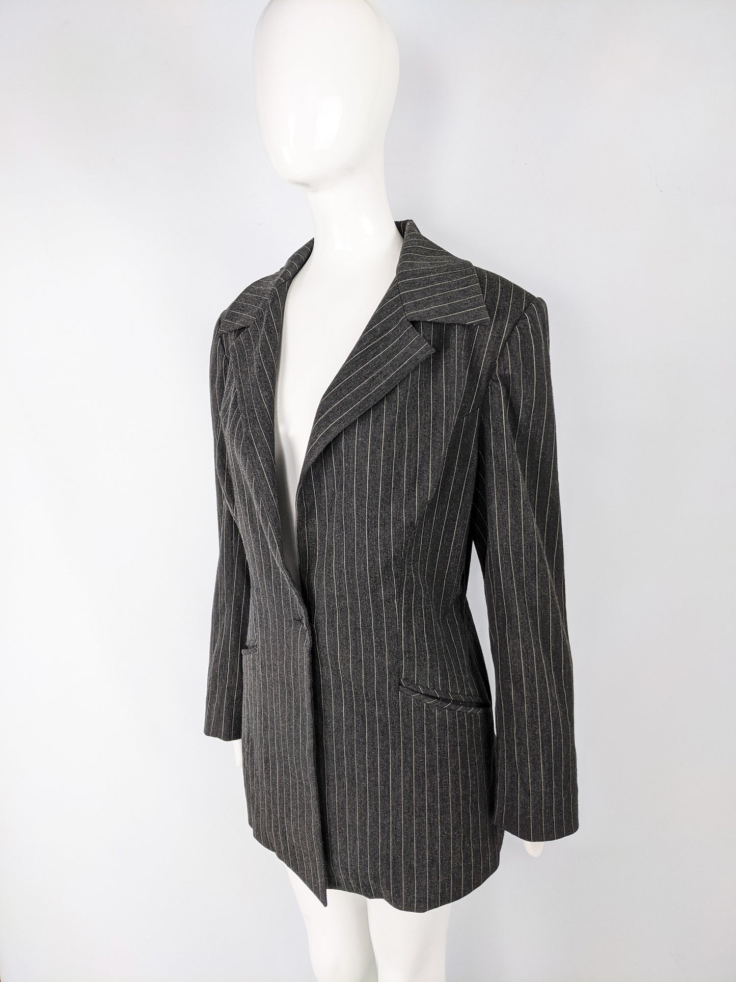 Vintage Womens Androgynous Grey Pinstripe Blazer, 1980s