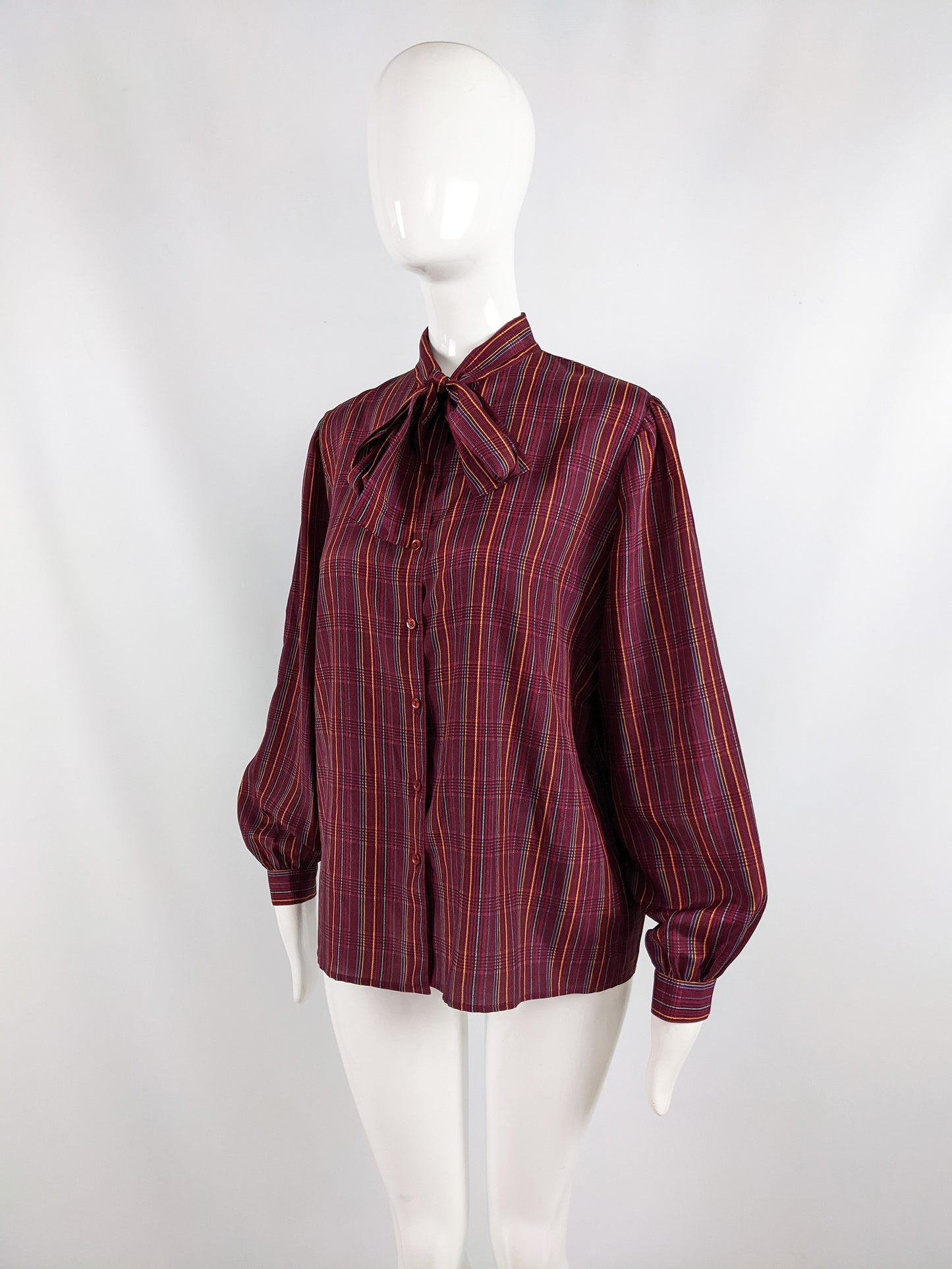 Aquascutum Vintage Dark Pink Checked Pussy Bow Blouse, 1980s