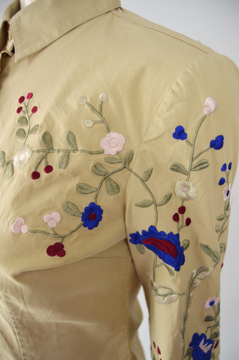 Womens Floral Embroidered Khaki Shirt, 1990s