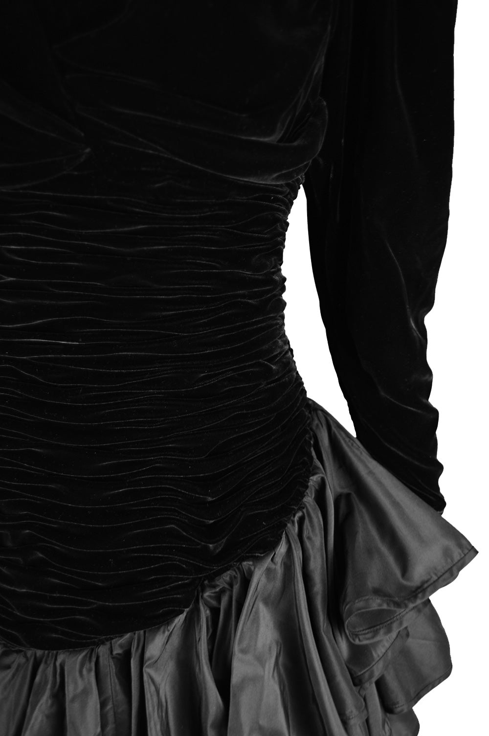 Vintage Draped Black Velvet & Taffeta Dress, 1980s