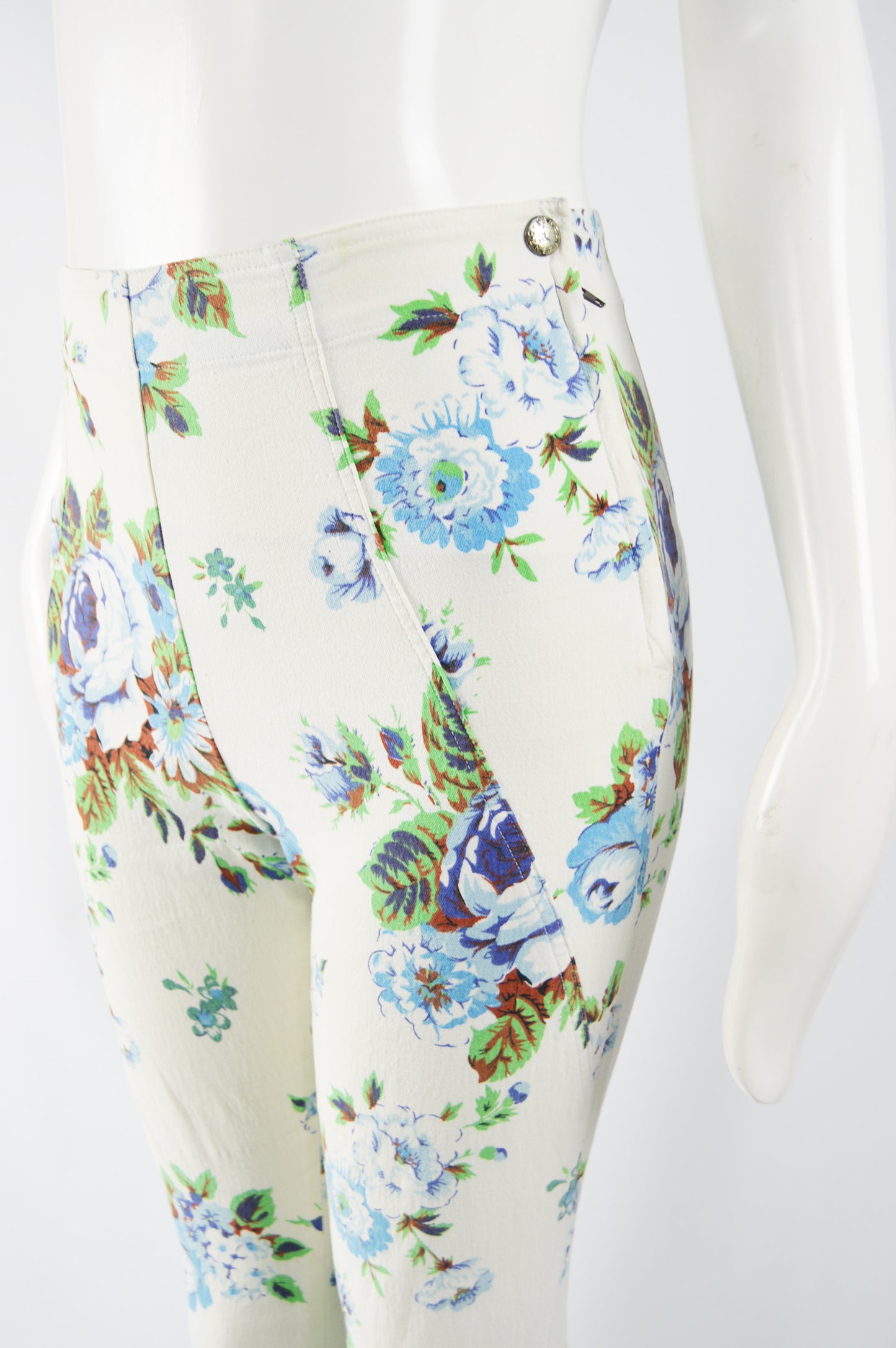 Vintage Womens White Floral Print Crop Skinny Jeans, 1990s