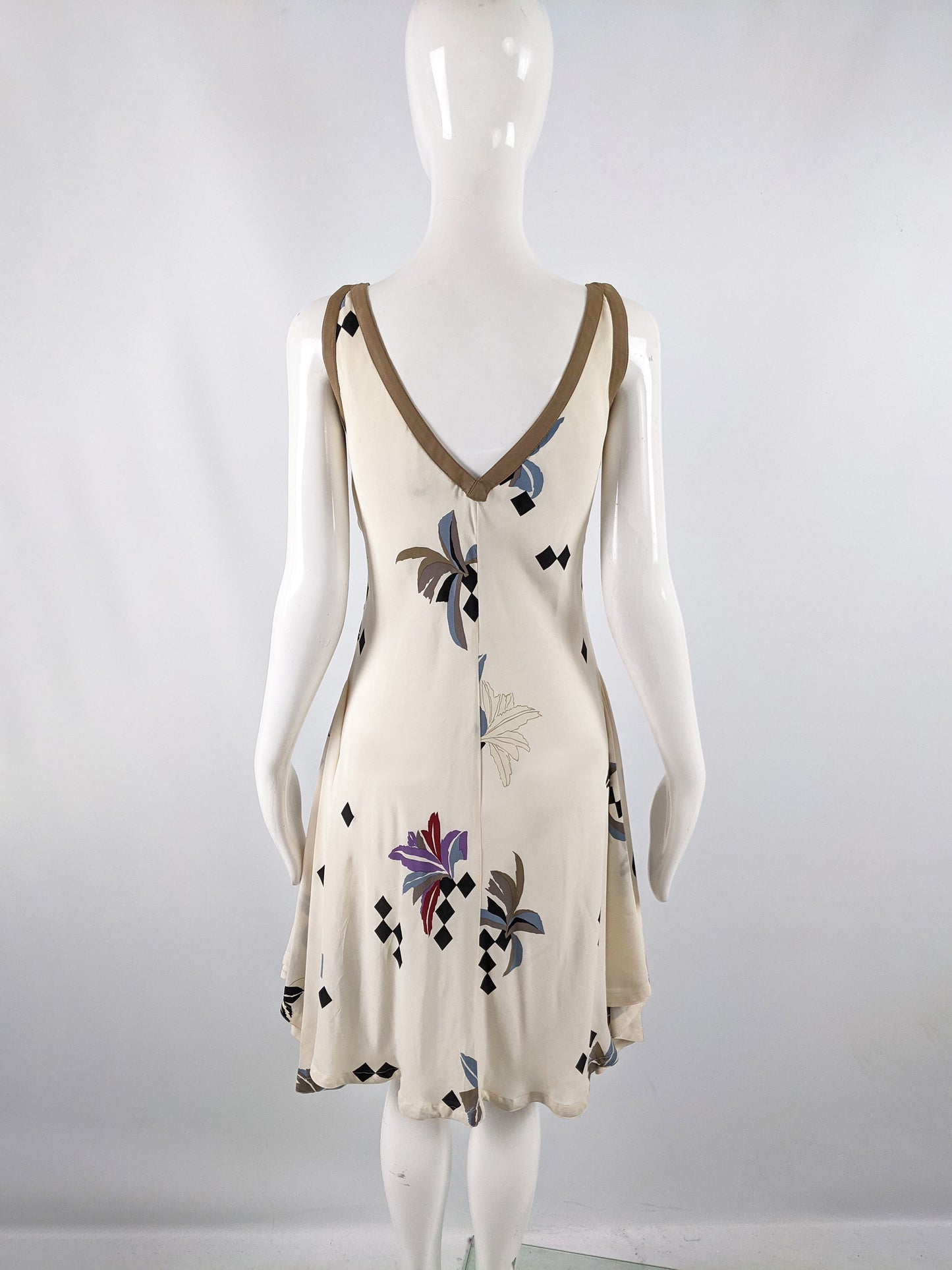 Vintage Cream Silk Geometric Floral Dress, 1980s