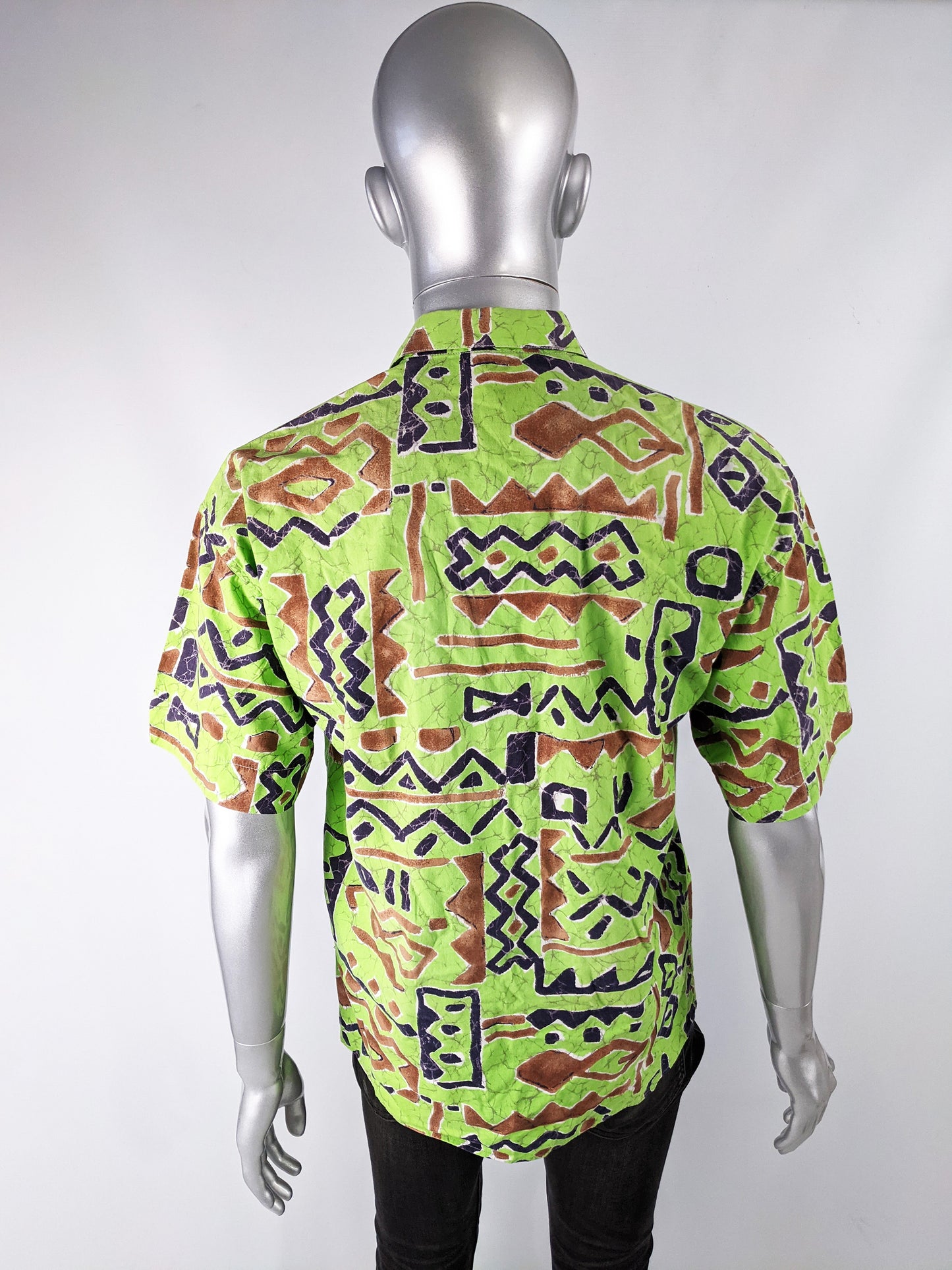 Vintage Mens Green Abstract Print Hawaiian Shirt, 1980s