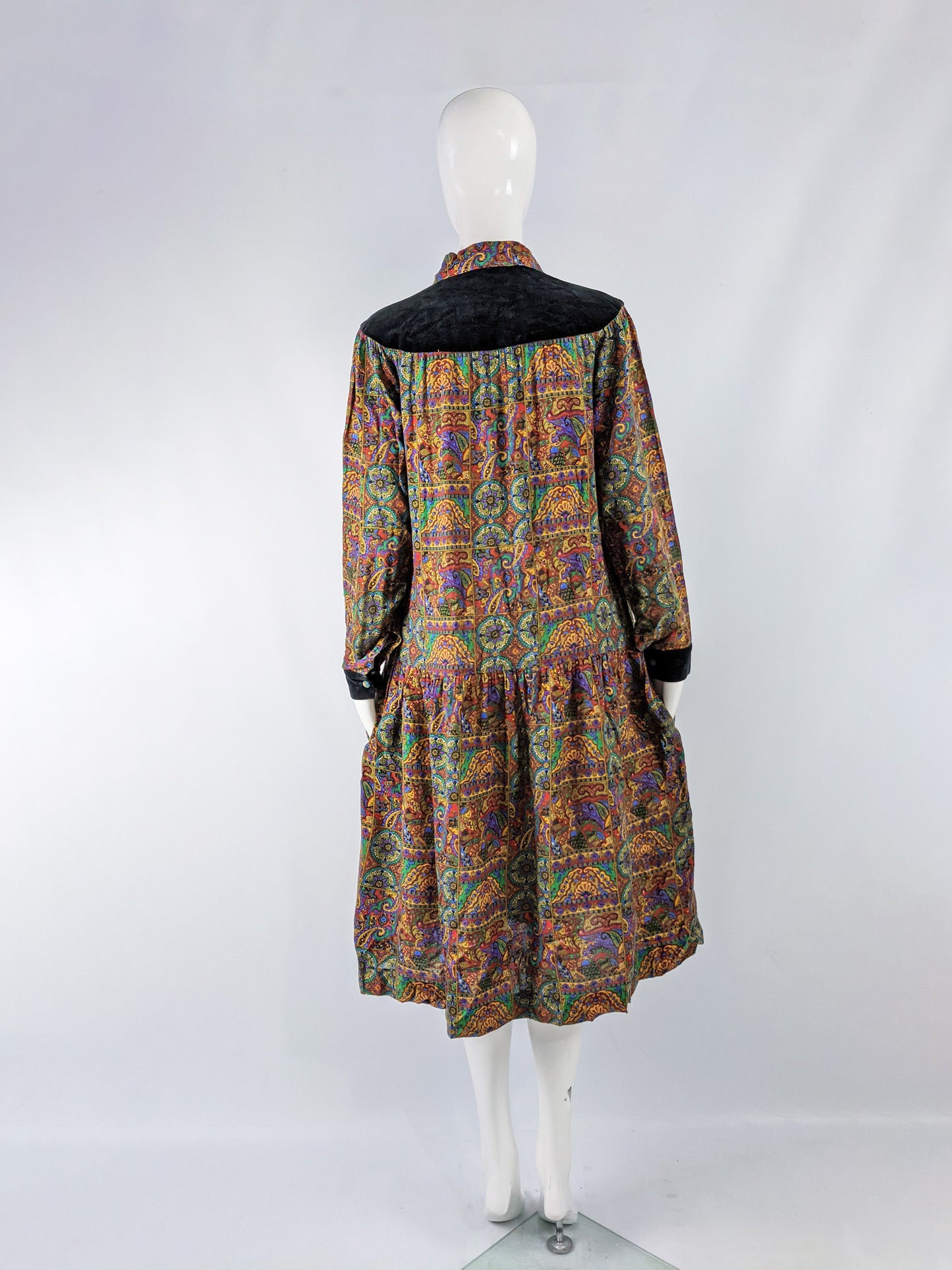 Womens Vintage Paisley & Velvet Boho Smock Dress, 1970s