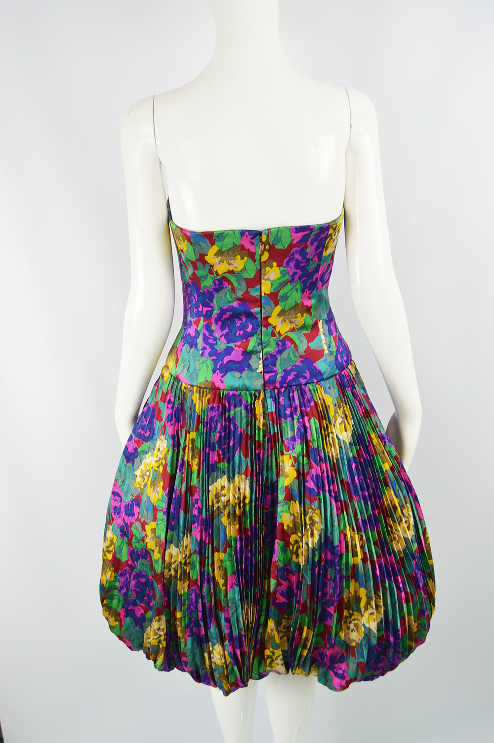 Womens Vintage Silk Pleated Floral Dress, Fall 1988