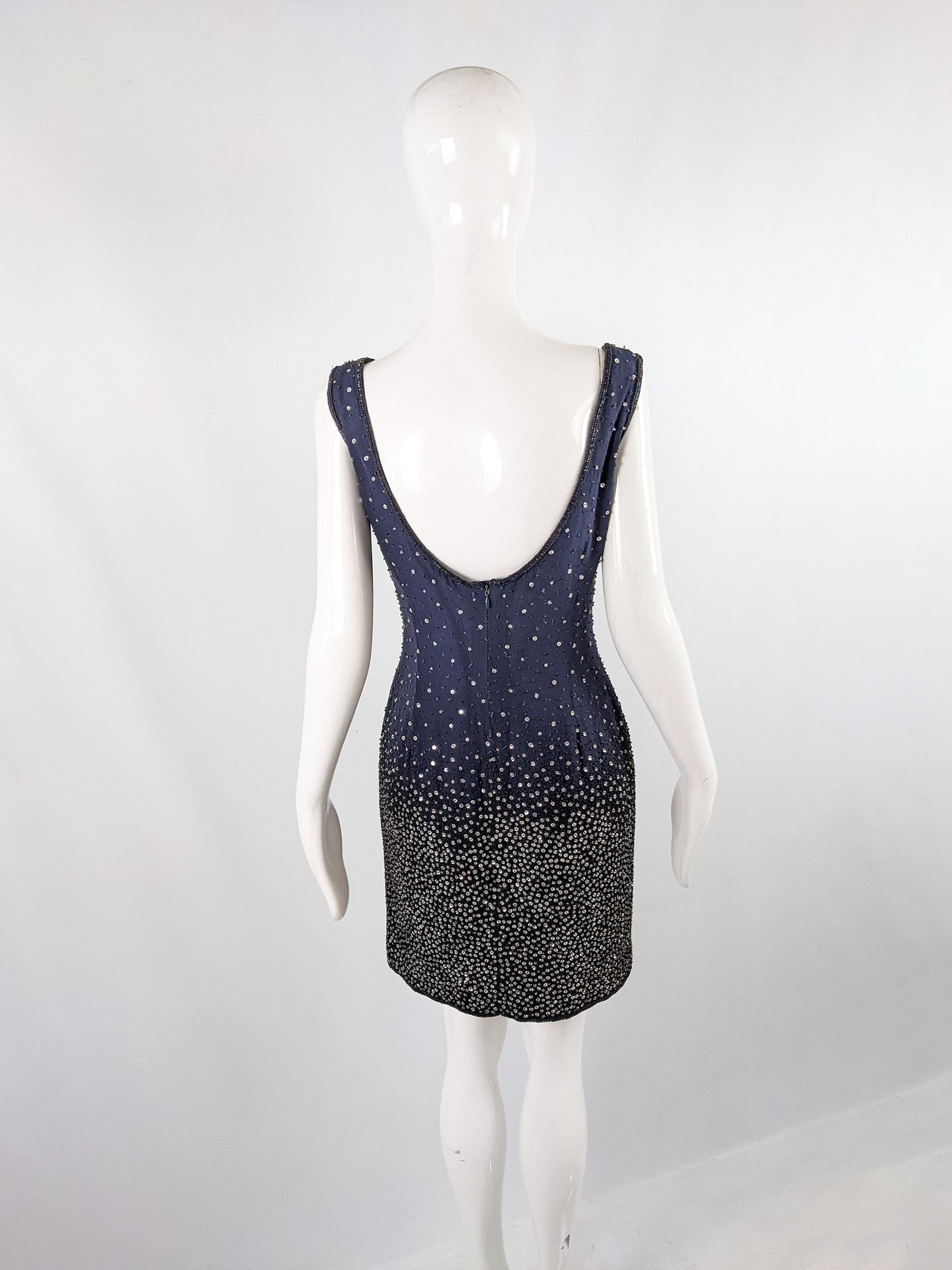 Escada Couture Vintage Blue Beaded Silk Party Dress, 1990s