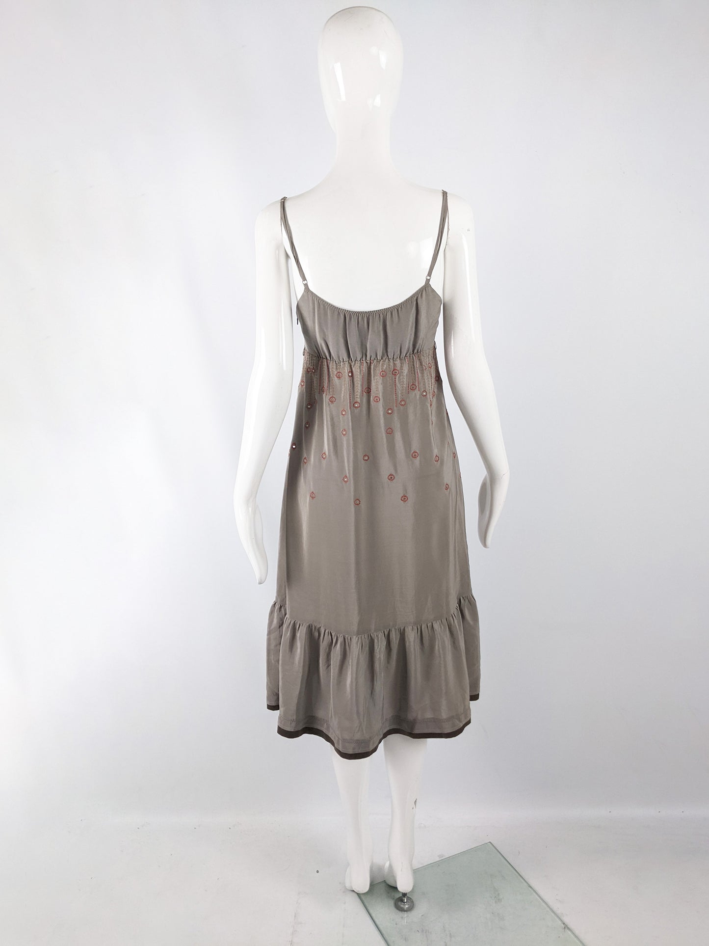 Sandro Paris Vintage y2k Taupe Silk Embroidered Dress, 2000s