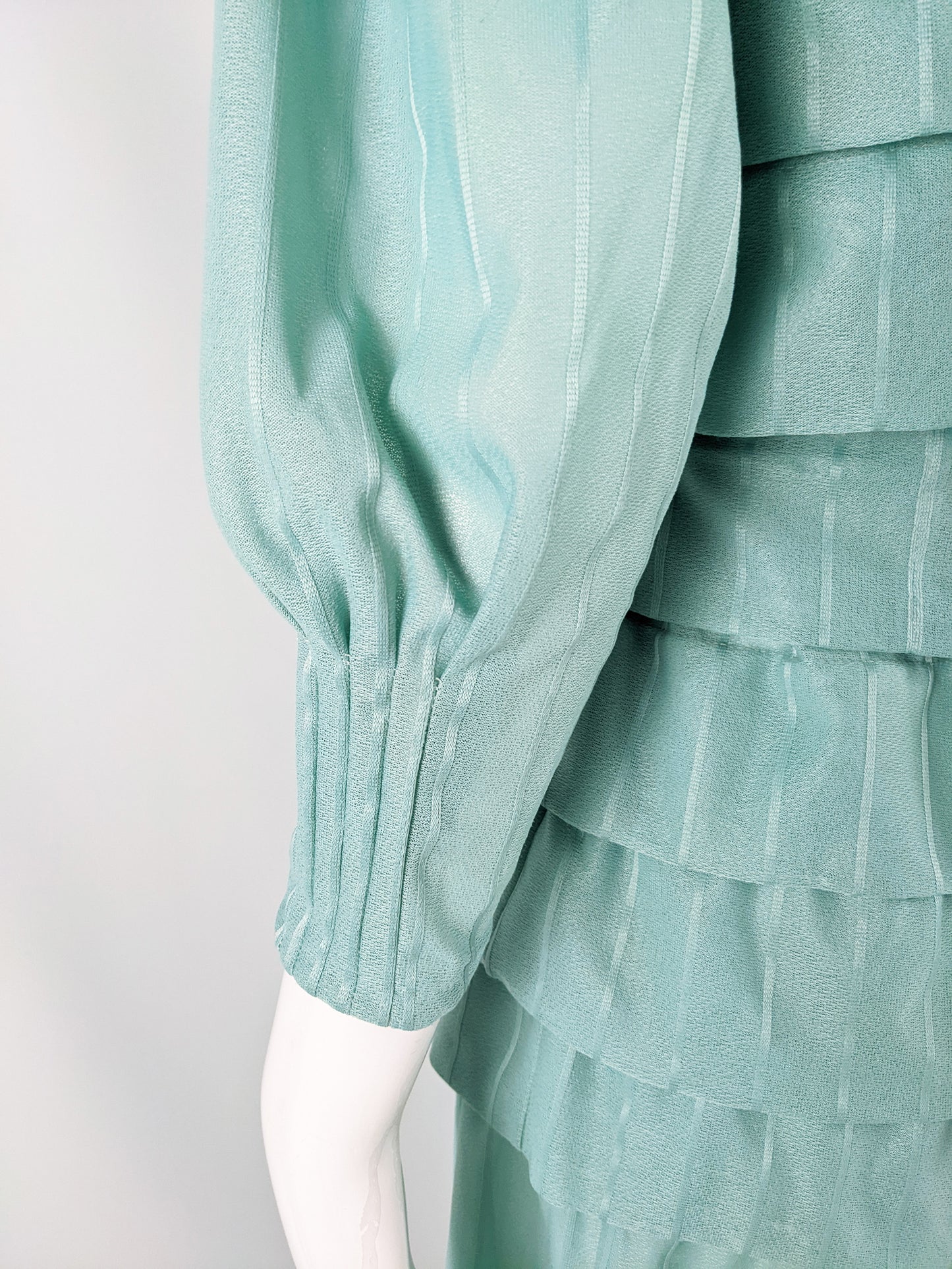 Vintage Mint Tiered Puff Sleeve Dress, 1970s