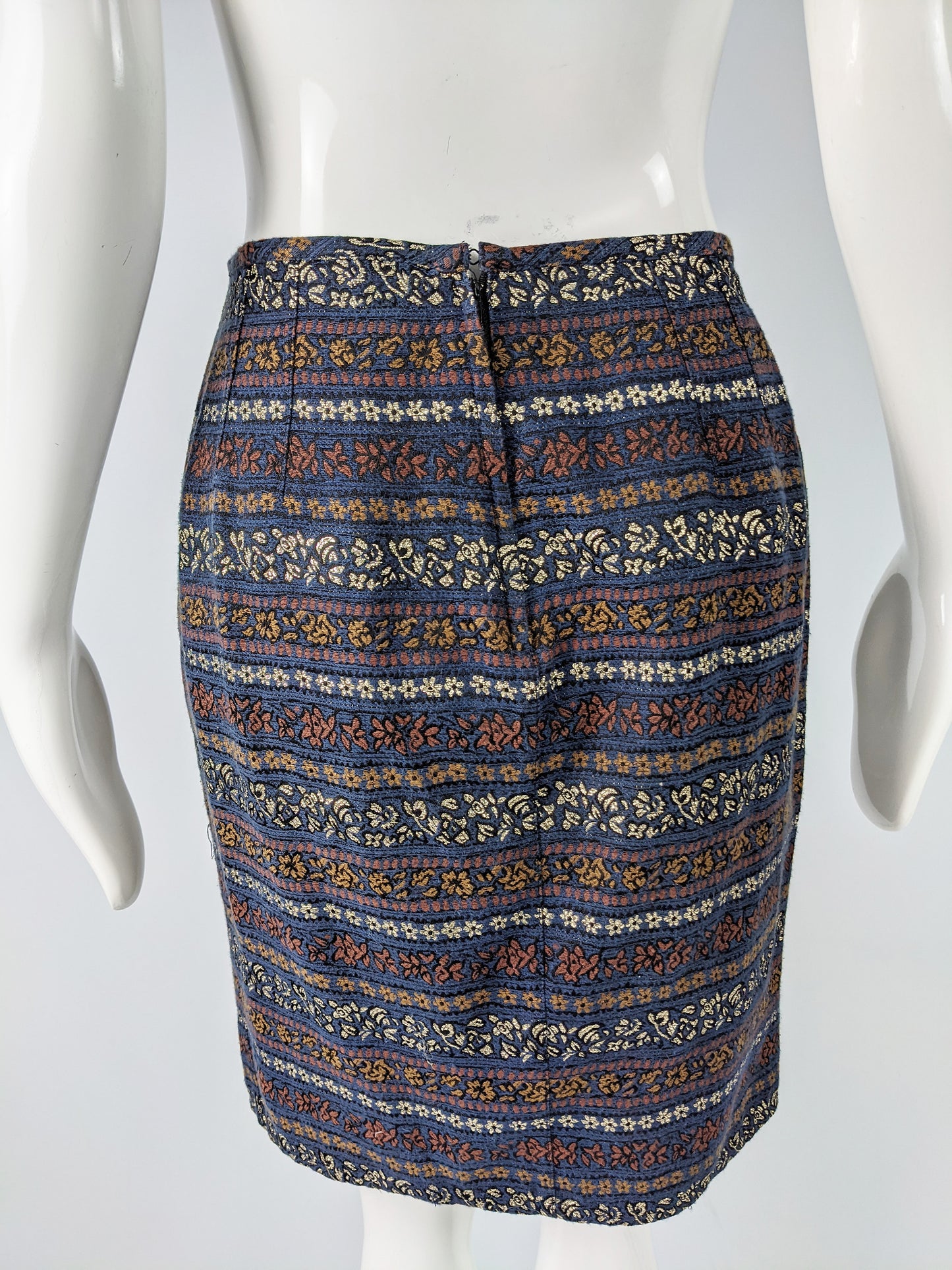Womens Blue Vintage Brocade Pencil Skirt, 1980s