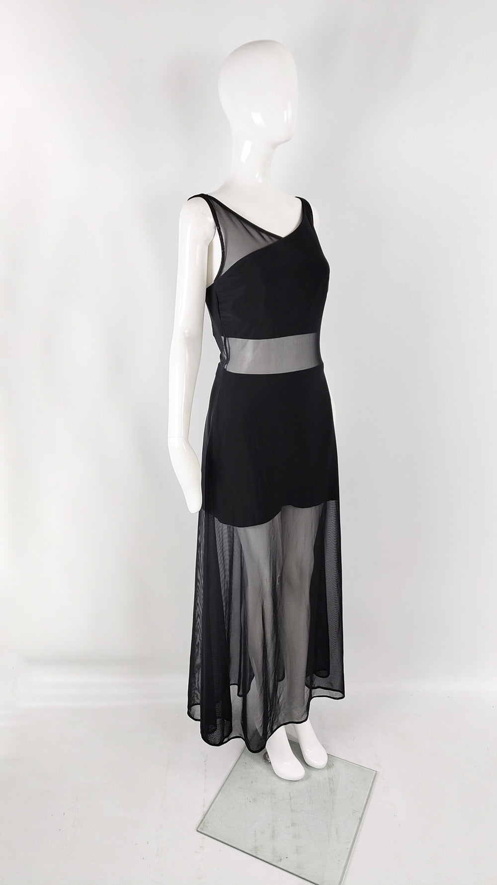 Tadashi Vintage Black Mesh Cut Out Evening Gown, 1980s