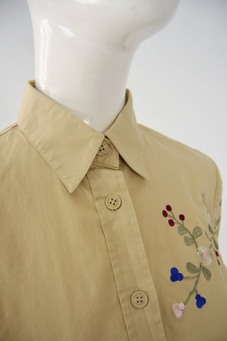 Womens Floral Embroidered Khaki Shirt, 1990s