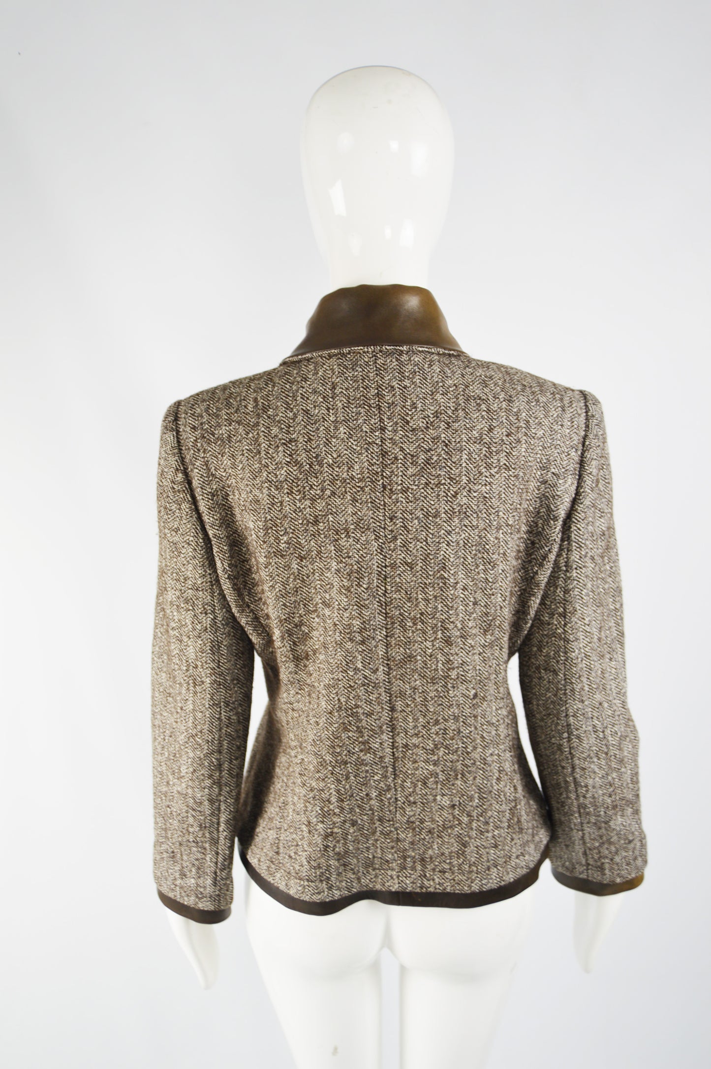 Womens Brown Leather & Silk Tweed Jacket, 1990s