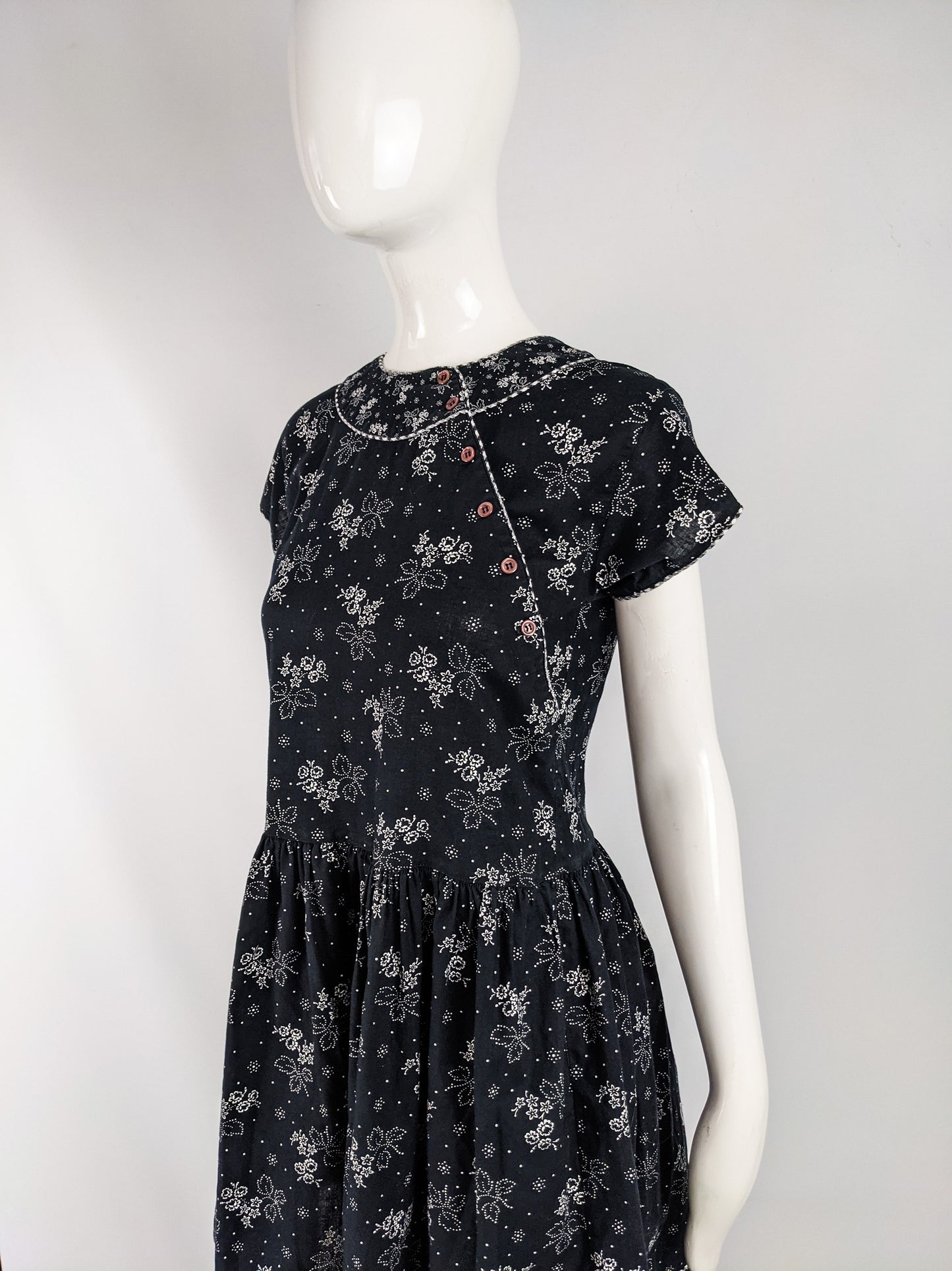 Kenzo Vintage Black & White Asian Floral Drop Waist Dress, 1980s