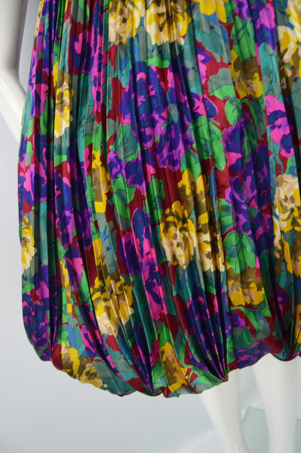 Womens Vintage Silk Pleated Floral Dress, Fall 1988