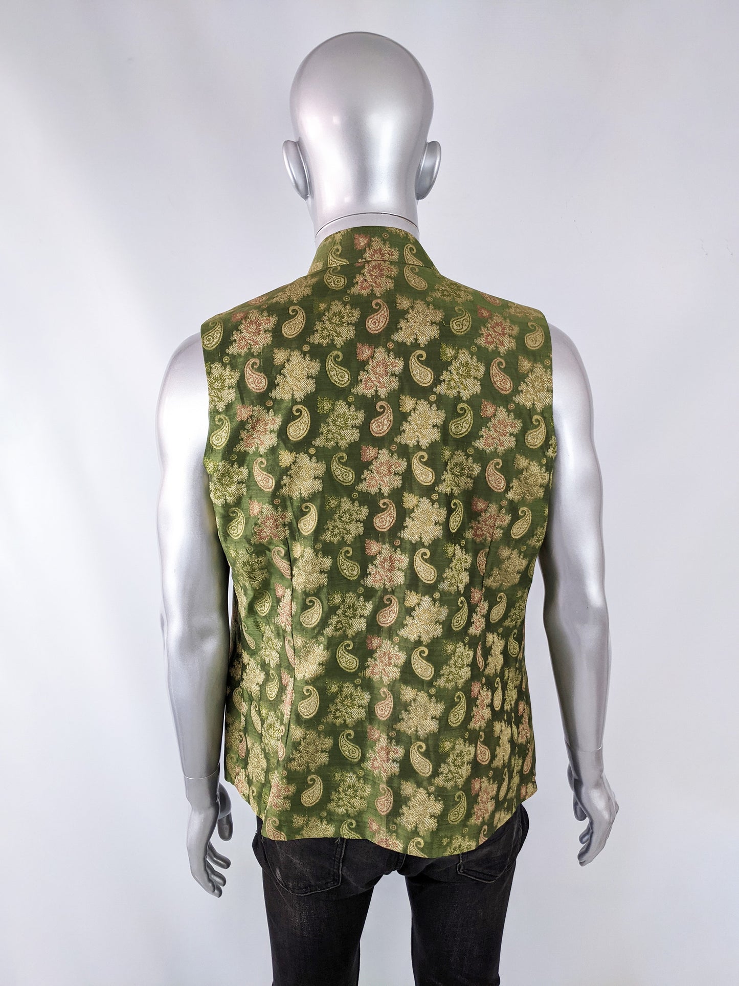 Vintage Mens Green Paisley Brocade Nehru Waistcoat, 1970s