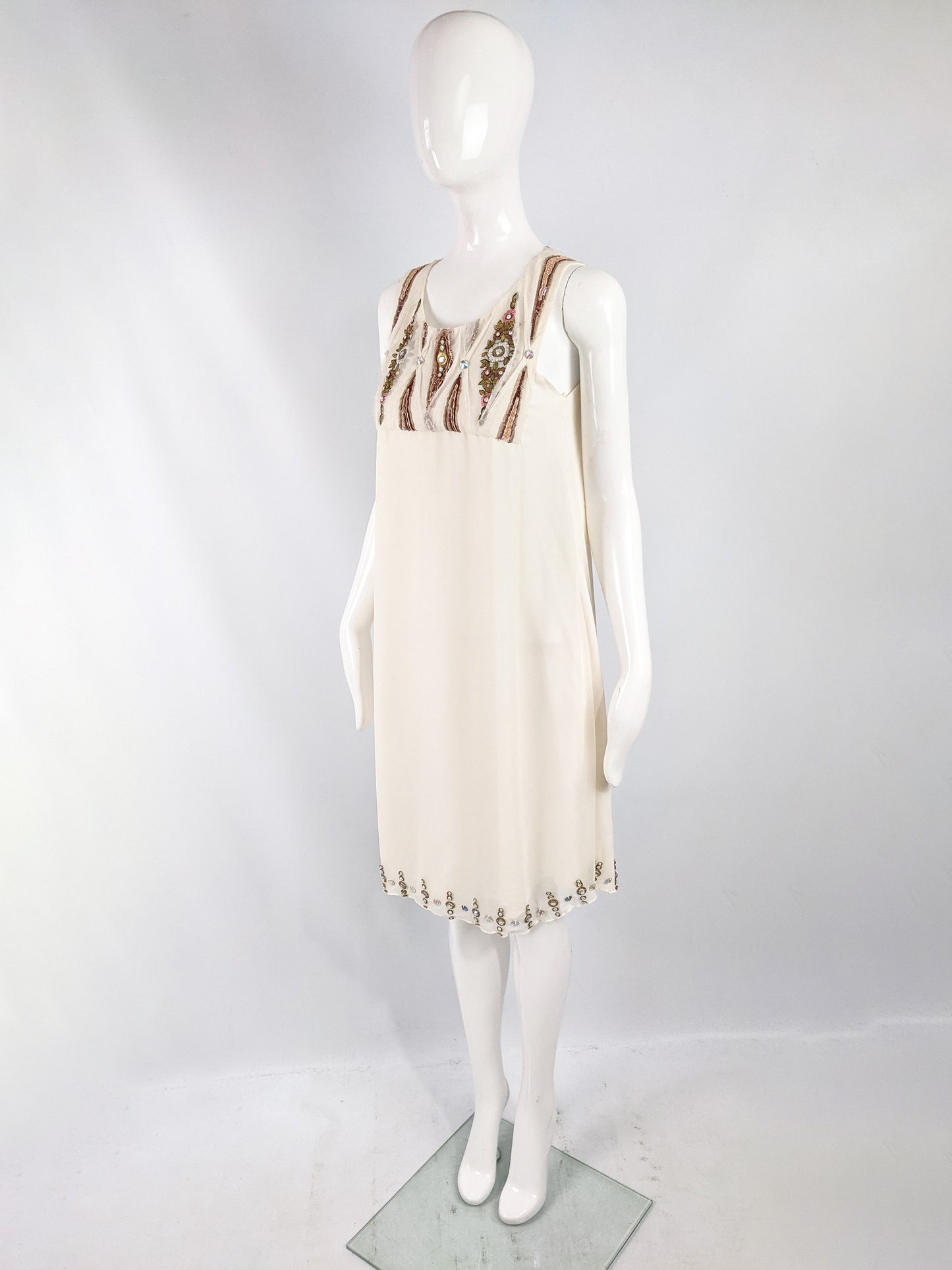 Preowned Beaded Off White Silk Chiffon Evening Dress, 2000s