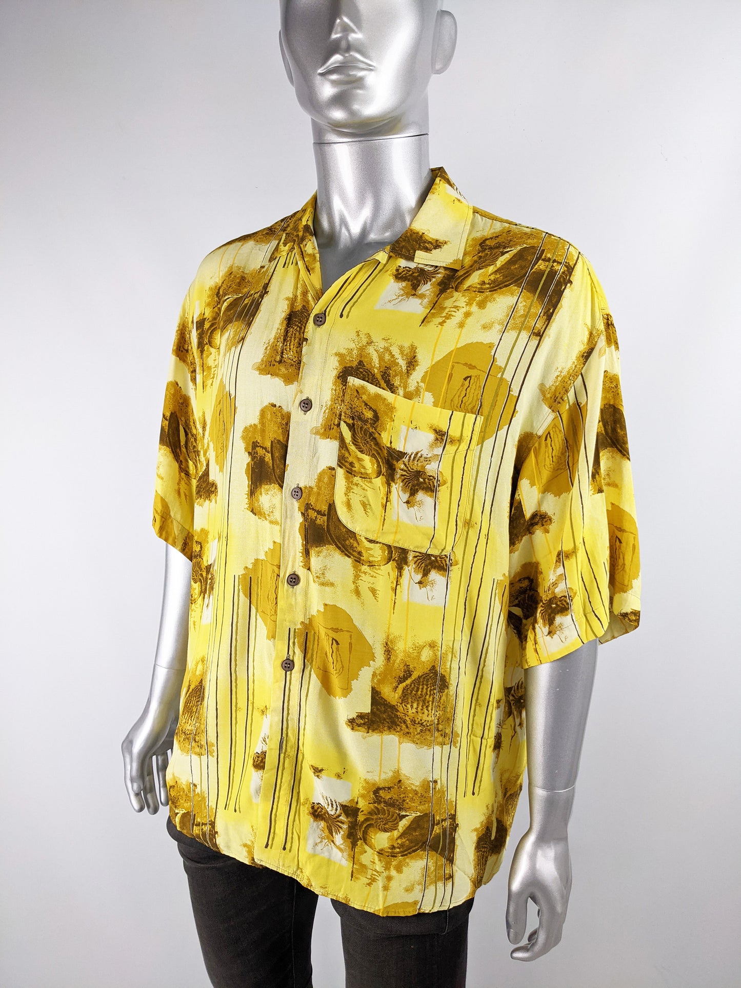 Mens Vintage Oversized Yellow Rayon Shirt, 1980s
