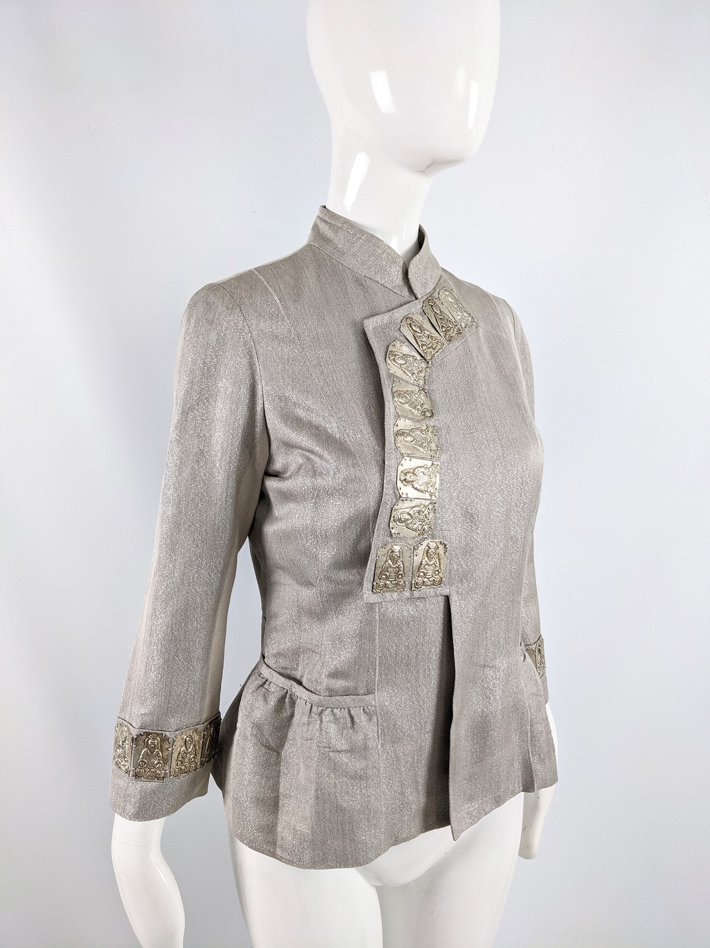 Vintage Metal Plate Nehru Collar Silk Jacket, 2000s