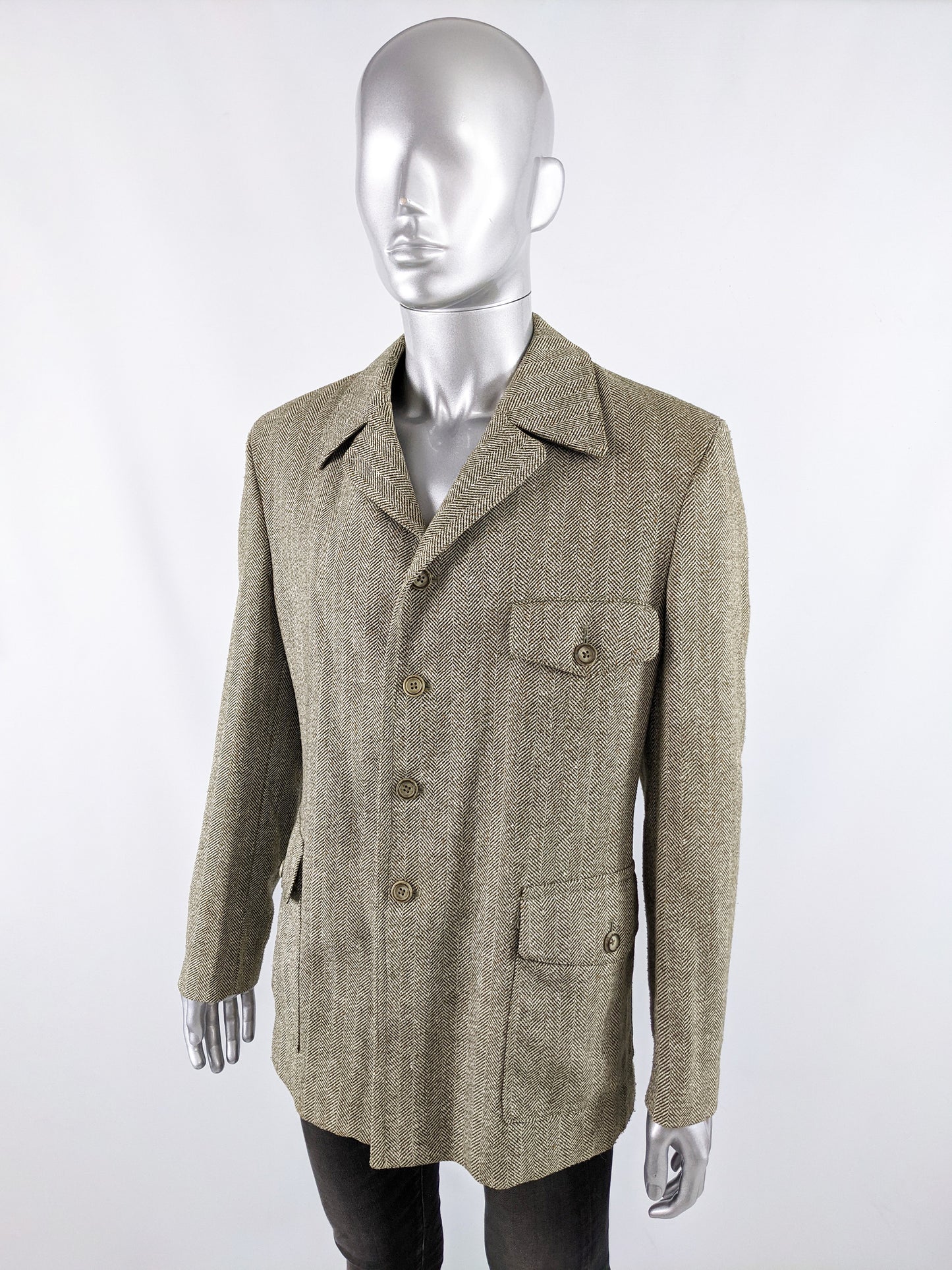 Dhobi Vintage 1970s Mens Wool Herringbone Tweed Jacket