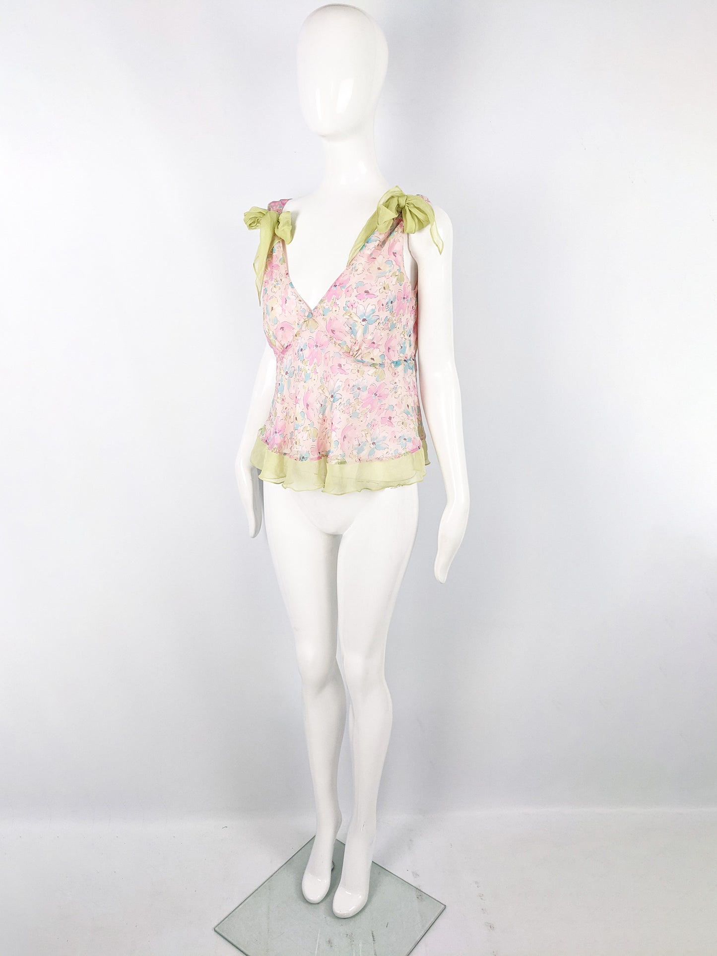 Womens Vintage Pastel Pink & Green Bow Blouse, 2000s