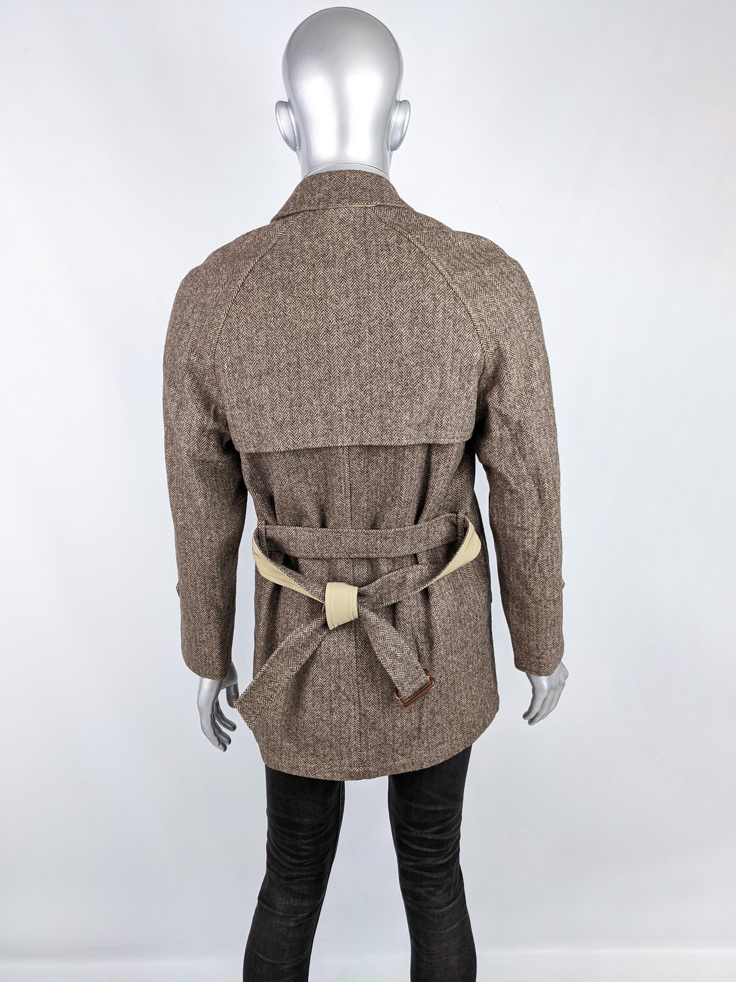 Mens Vintage Italian Reversible Brown Tweed & Gabardine Coat, 1970s