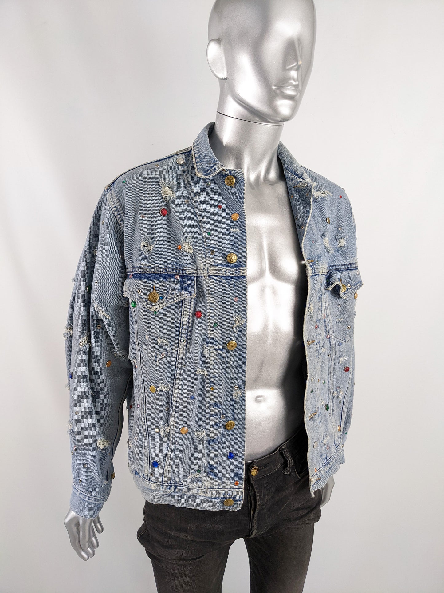 Vintage Mens Blue Denim Studded & Beaded Jacket, 1980s