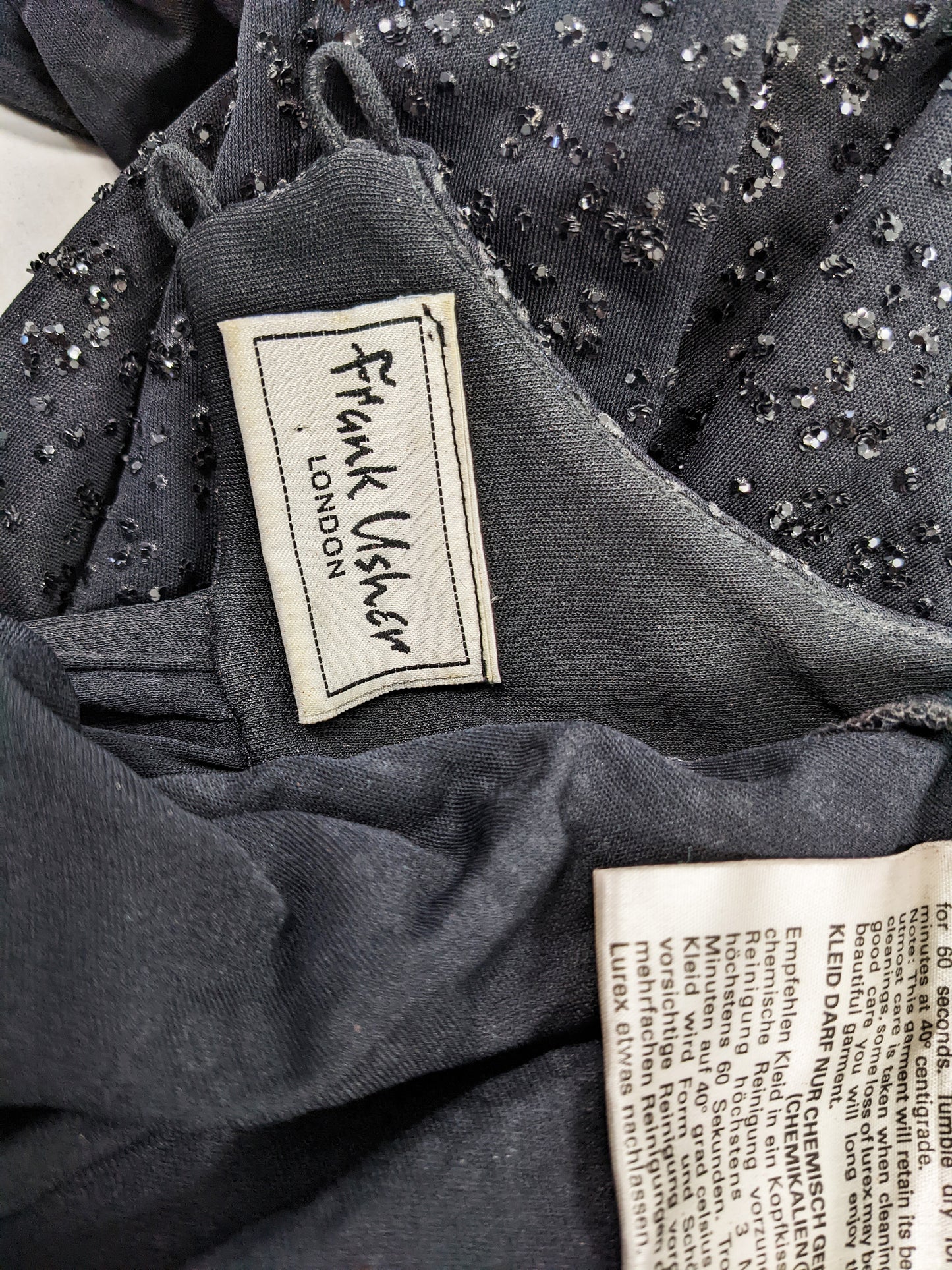 Frank Usher Vintage Black Sequin Glitter Effect Evening Dress, 1980s