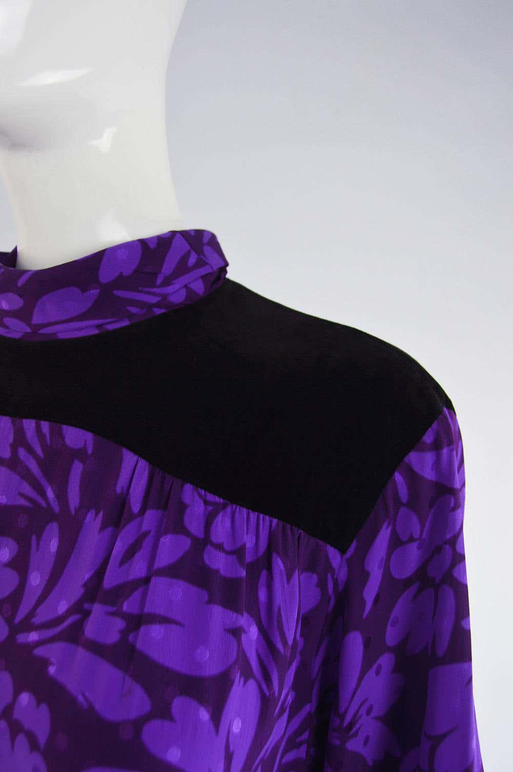 Guy Laroche Vintage Purple Jacquard & Black Velvet Dress, 1980s