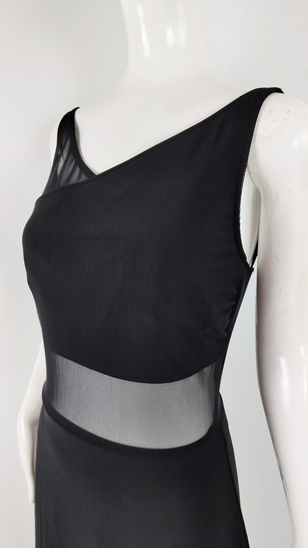 Tadashi Vintage Black Mesh Cut Out Evening Gown, 1980s